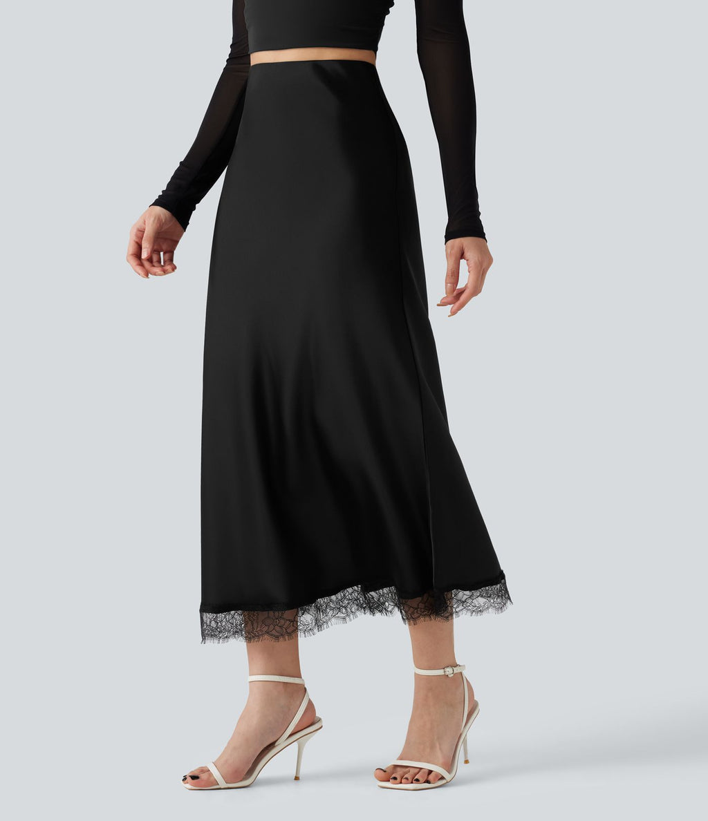 Jupe midi trapèze décontractée en satin et dentelle contrastée, taille haute