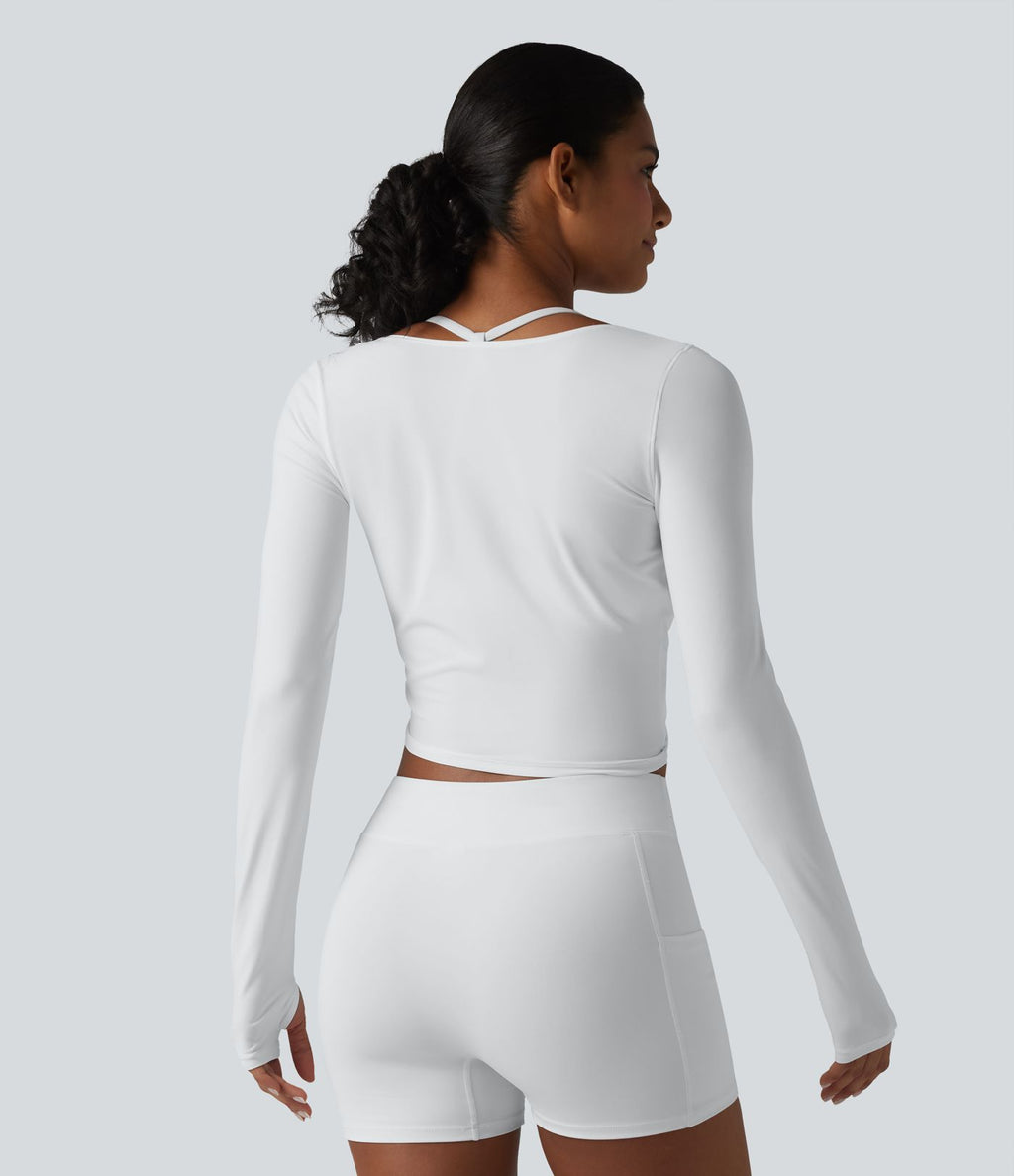 Haut de yoga à manches longues et bretelles croisées, toucher doux, protection solaire UPF50+