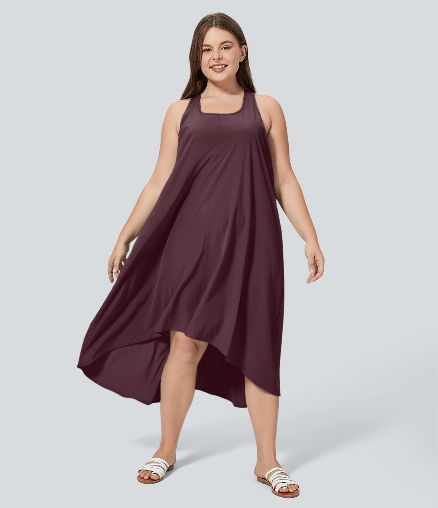 Breezeful™ Dos Nu Racerback Poche Latérale Haut Bas Fluide Midi Séchage Rapide Décontracté Robe Grande Taille