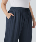 Pantalon décontracté grande taille large fluide taille haute effet lin avec cordon de serrage et poches