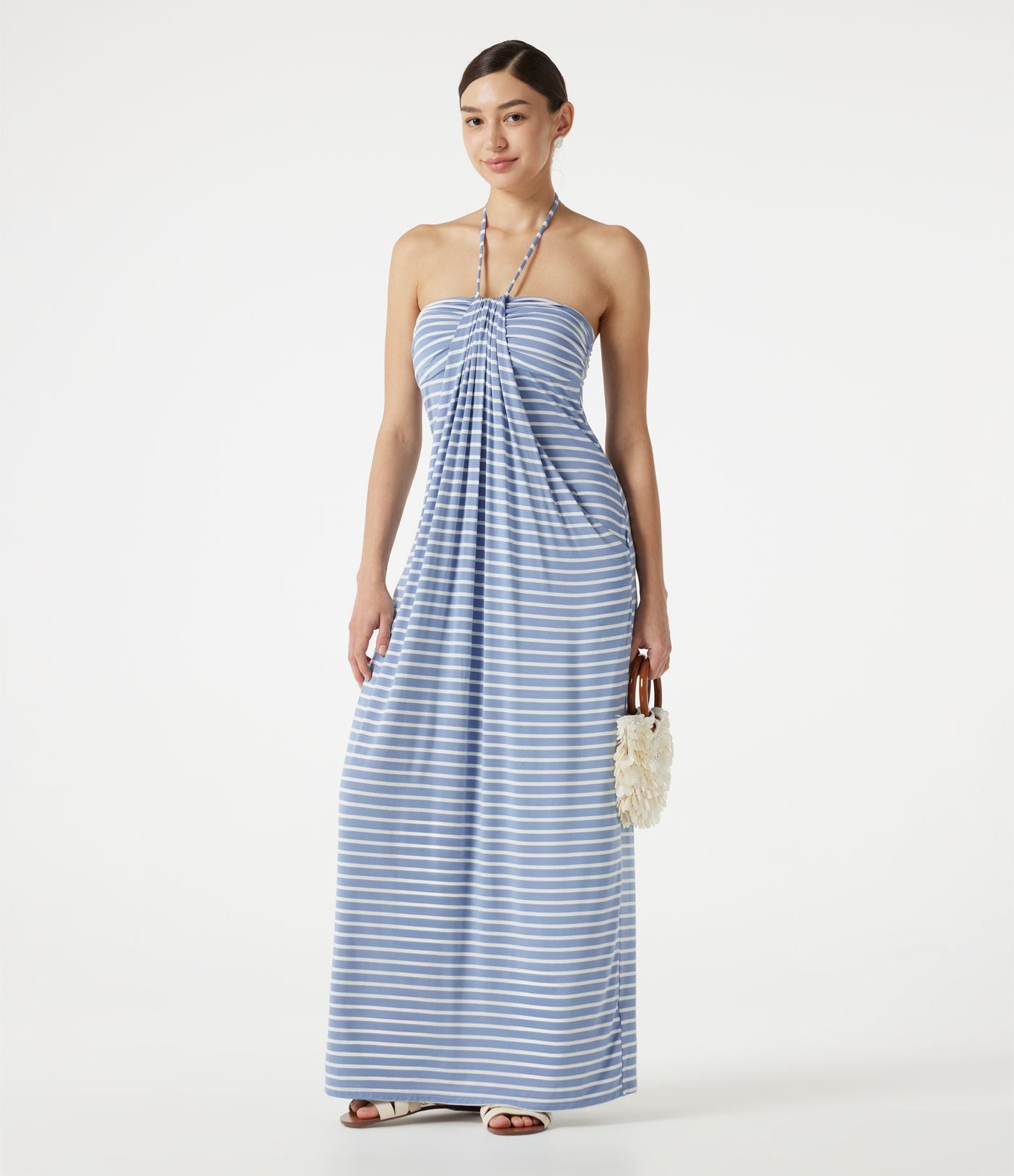 Robe maxi de plage à rayures col halter avec brassière intégrée, lien noué au dos et poches