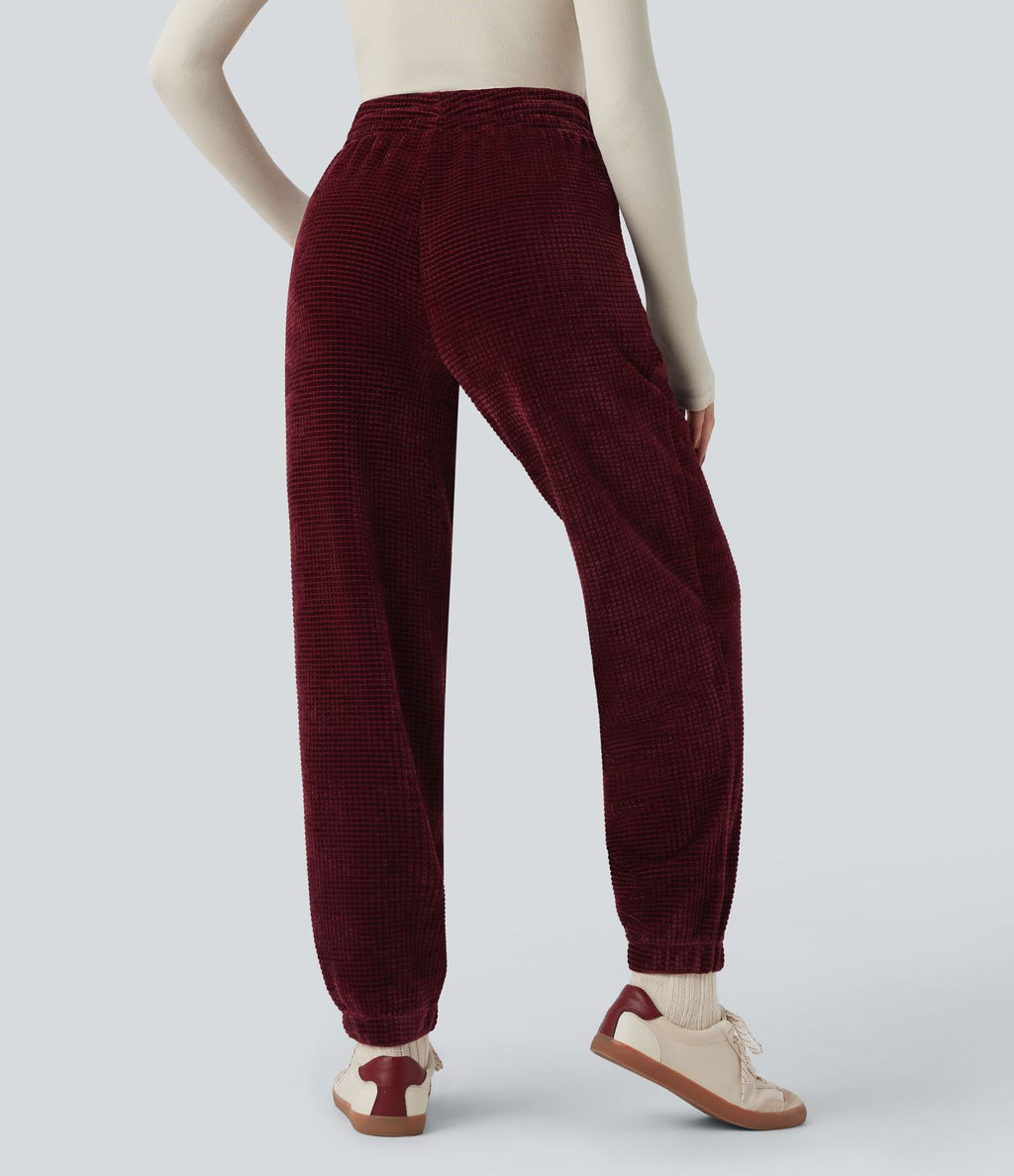 Pantalon décontracté chenille gaufré taille haute avec cordon de serrage et poches