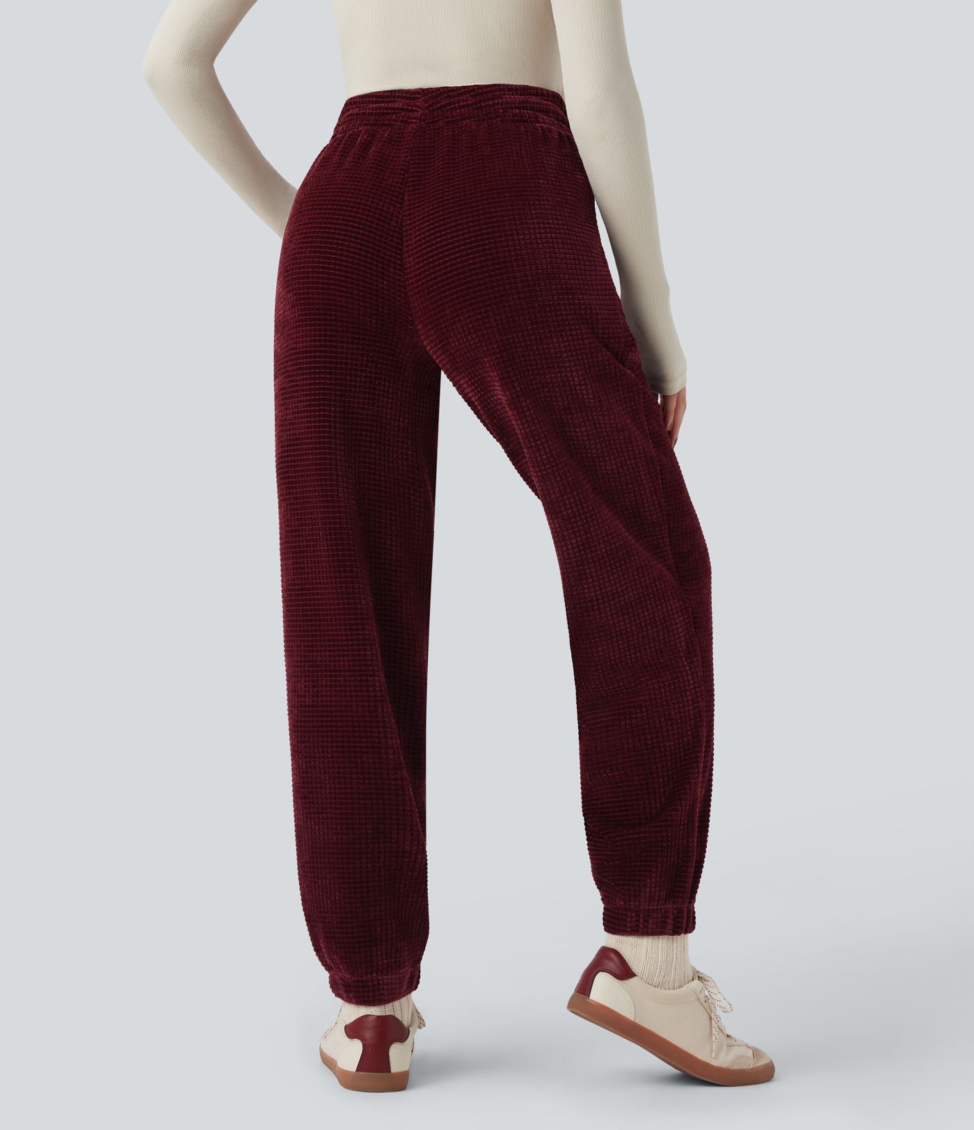 Pantalon décontracté chenille gaufré taille haute avec cordon de serrage et poches