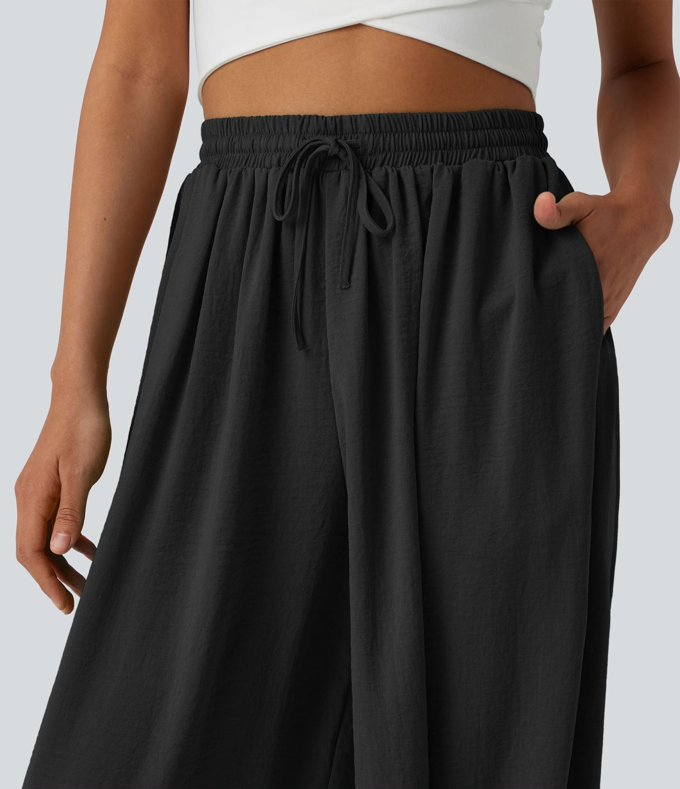 Pantalon ballon fluide resort taille haute effet lin avec cordon de serrage et poches