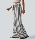 Pantalon large taille haute à rayures avec ceinture et poches