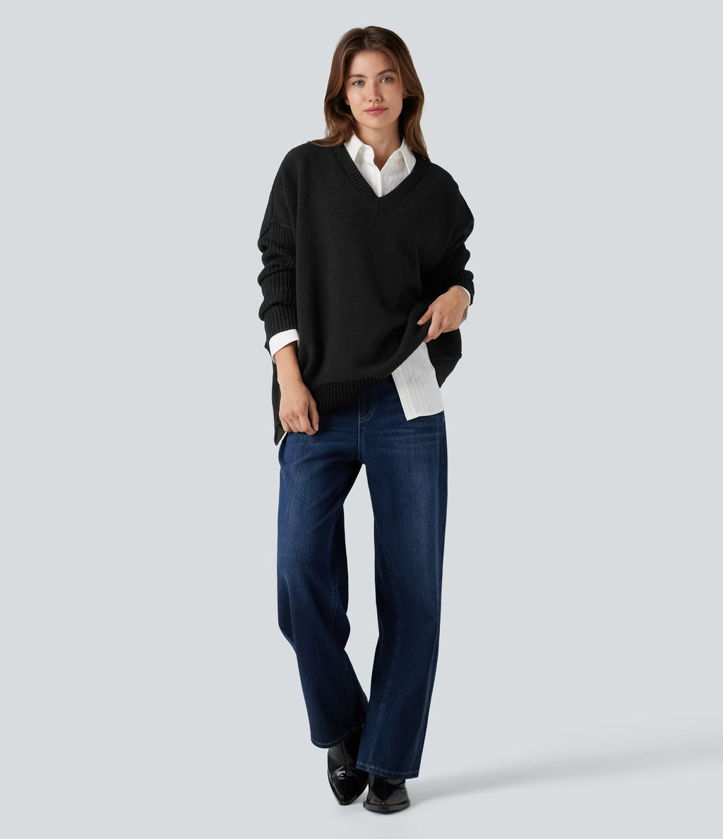Pull col V manches raglan longues coupe décontractée