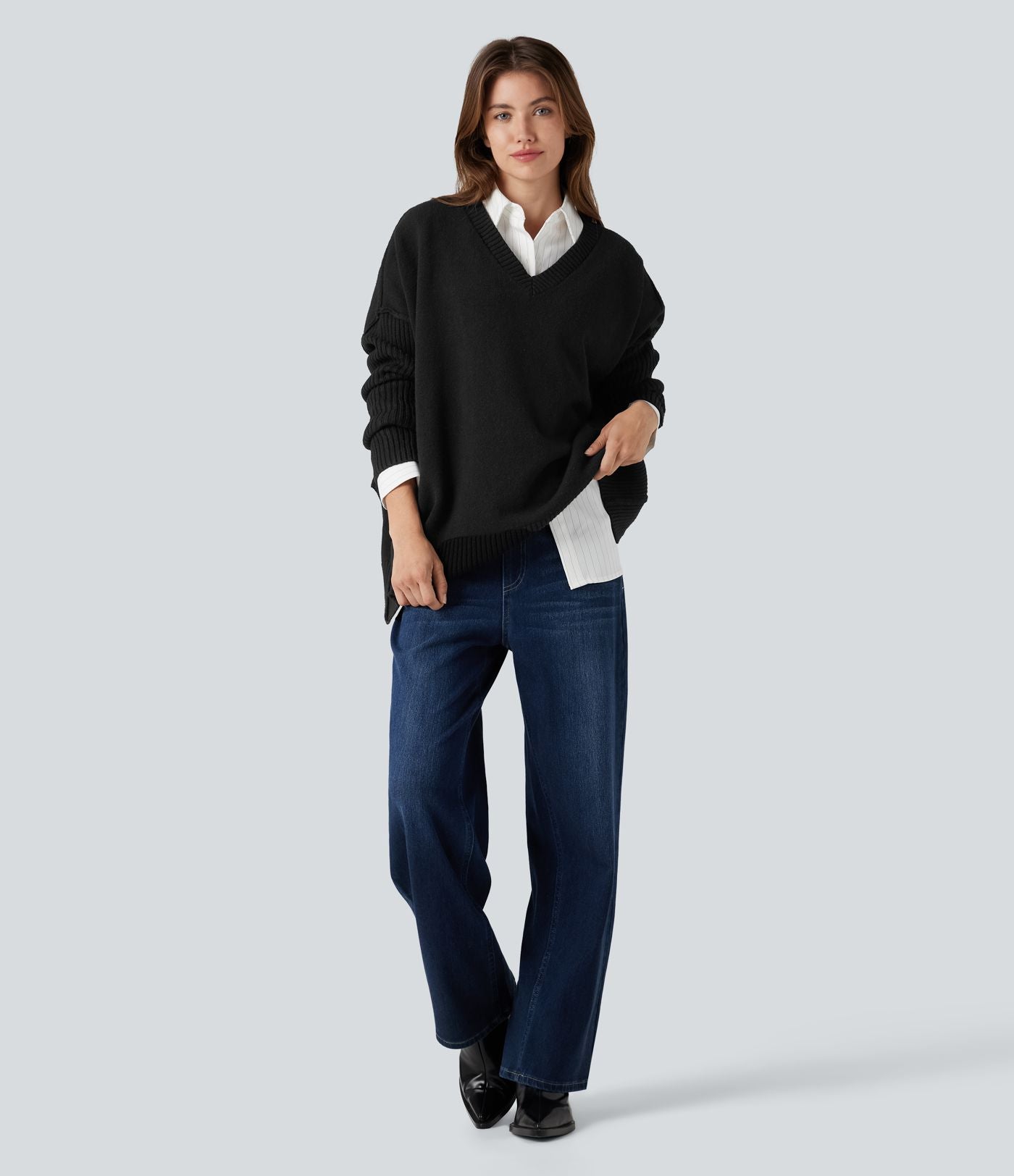 Pull col V manches raglan longues coupe décontractée