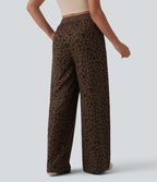 Pantalon casual large gaufré imprimé léopard taille haute avec cordon de serrage et poches
