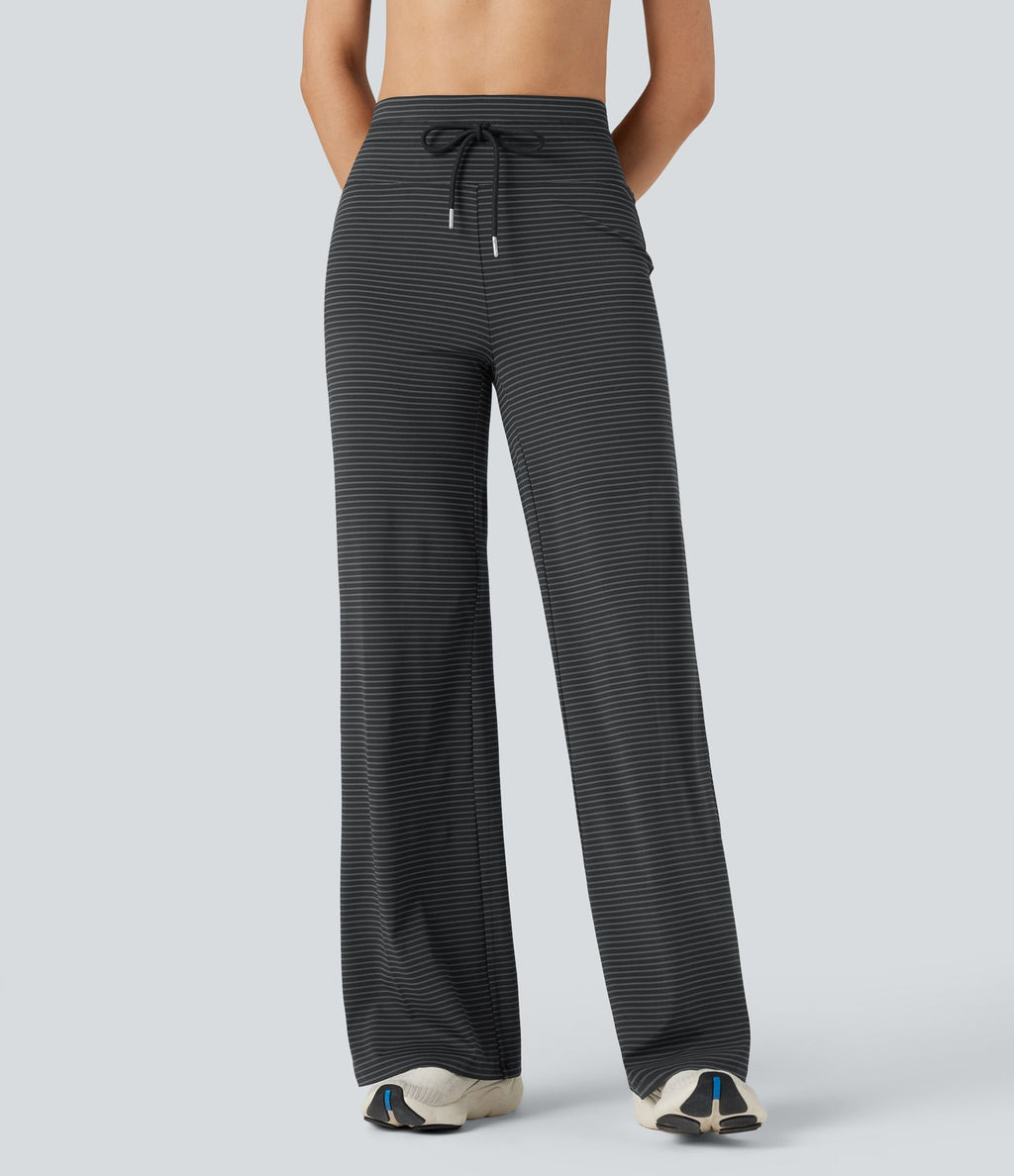Pantalon de yoga droit taille haute à cordon rayé avec poches