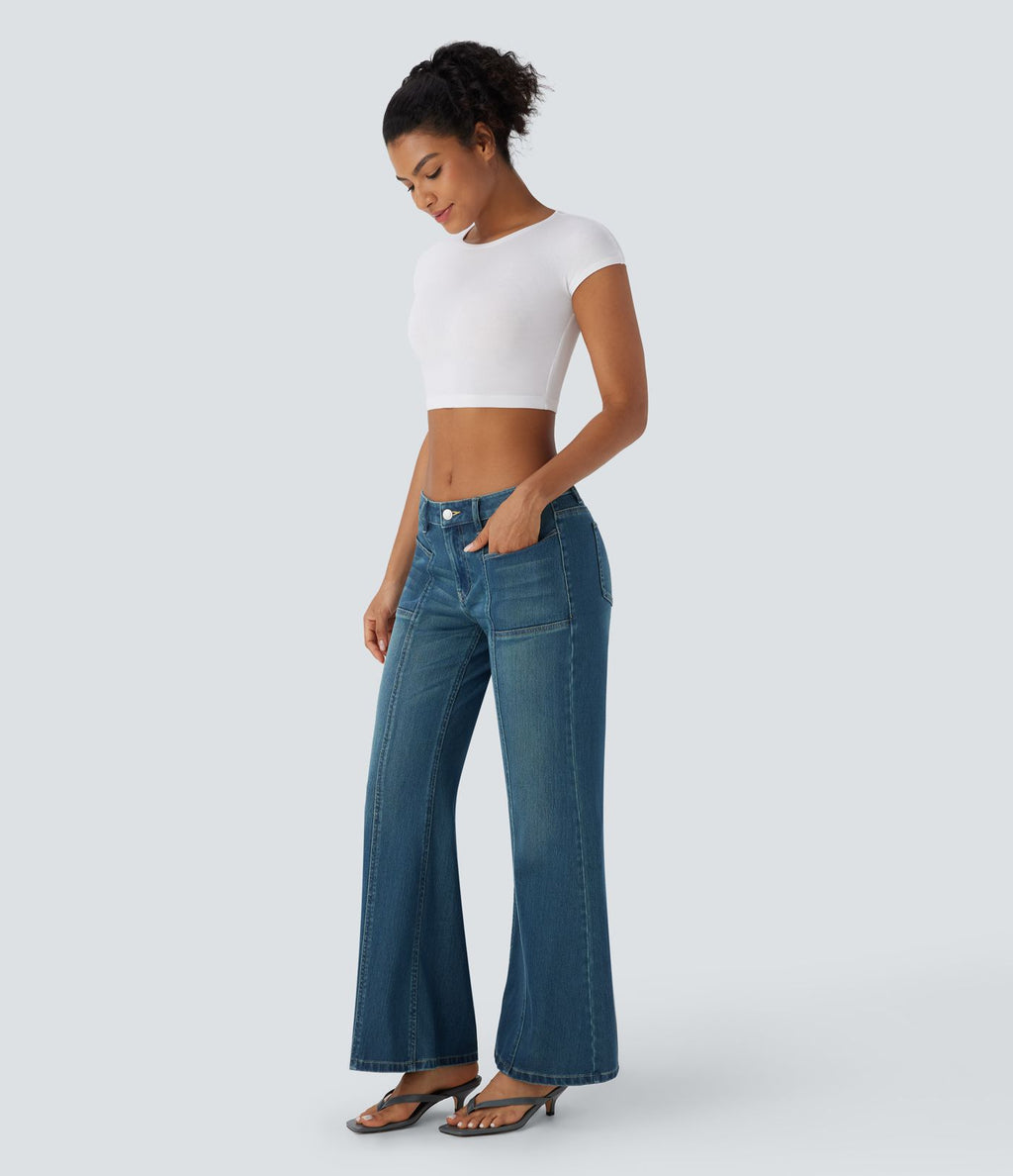 Jean bootcut délavé Halara Flex™ taille basse à poches multiples et fermeture zippée