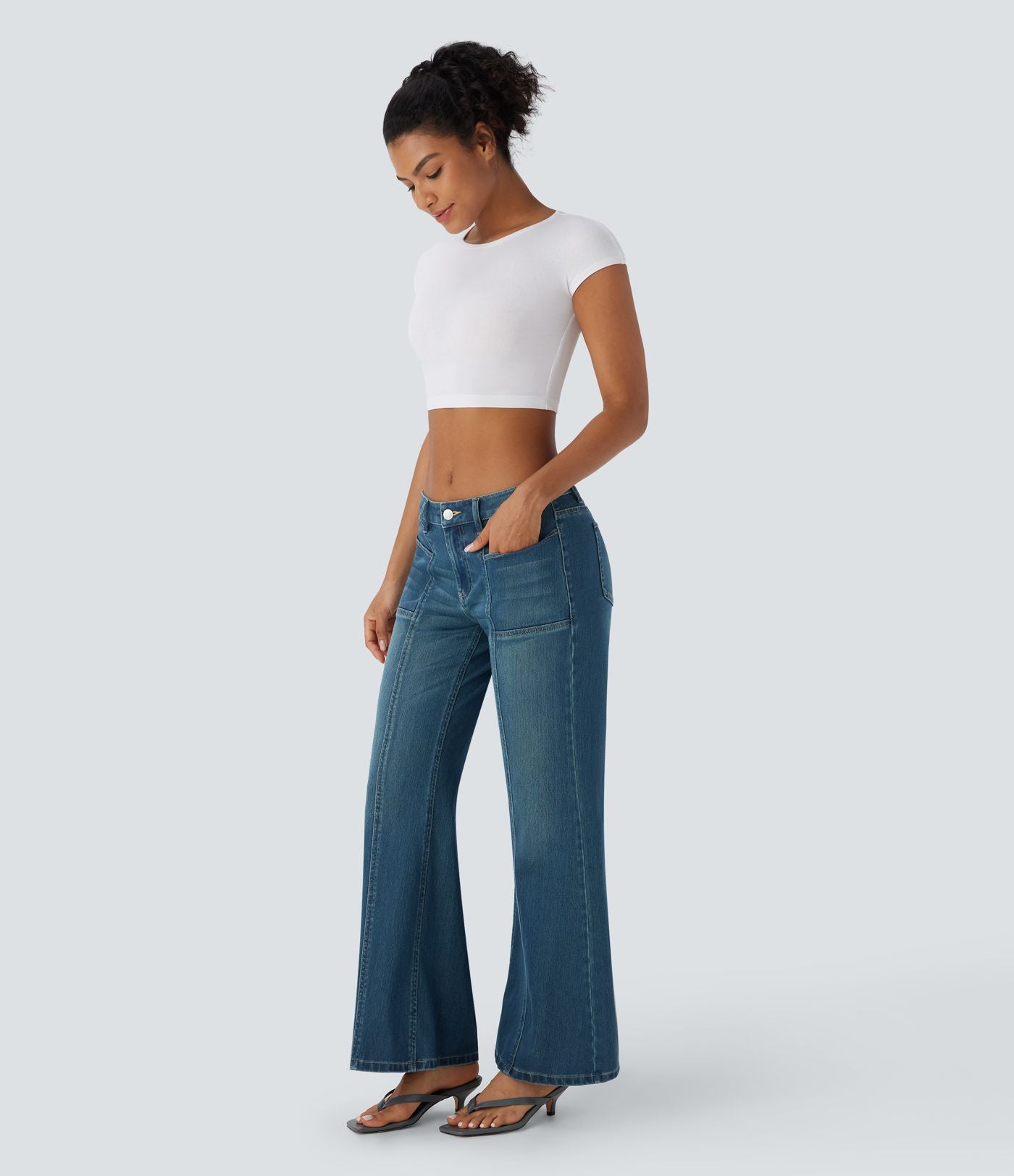 Jean bootcut délavé Halara Flex™ taille basse à poches multiples et fermeture zippée