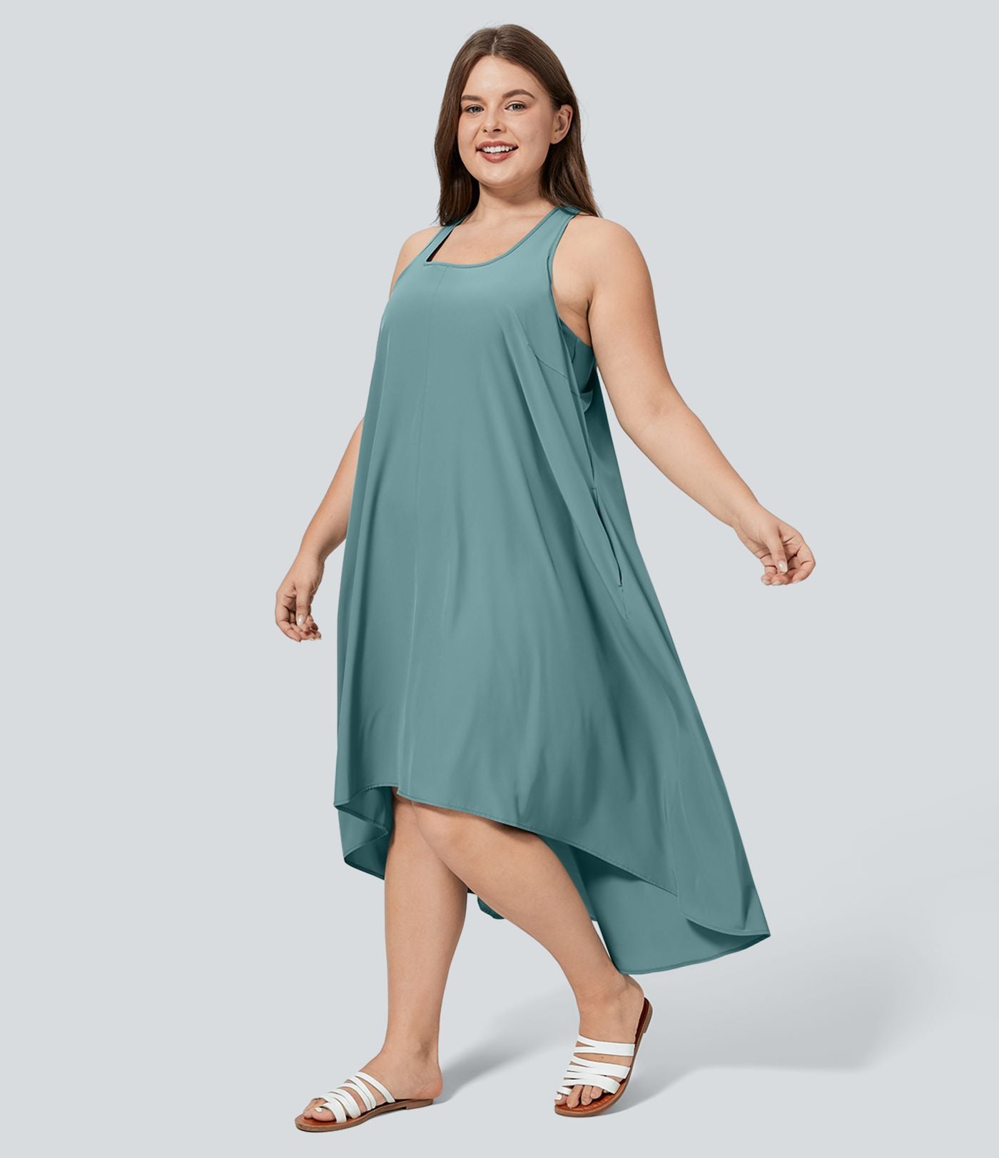 Breezeful™ Dos Nu Racerback Poche Latérale Haut Bas Fluide Midi Séchage Rapide Décontracté Robe Grande Taille