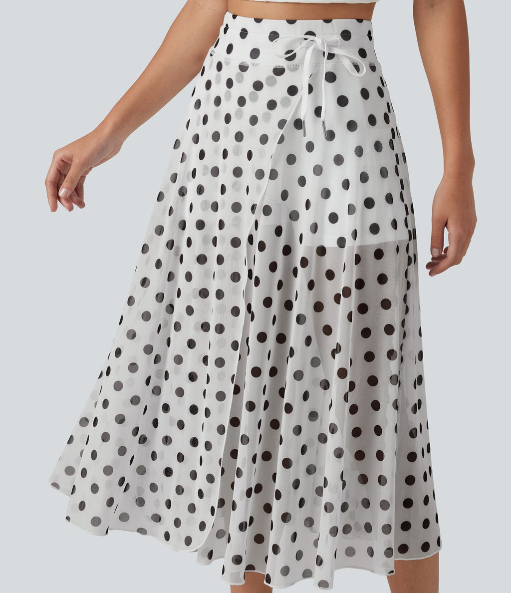 Jupe-short midi fluide évasée taille haute style vacances en mesh à pois avec cordon de serrage et poches