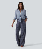 Pantalon large casual taille haute carreaux froissés à séchage rapide avec cordon de serrage et poches zippées
