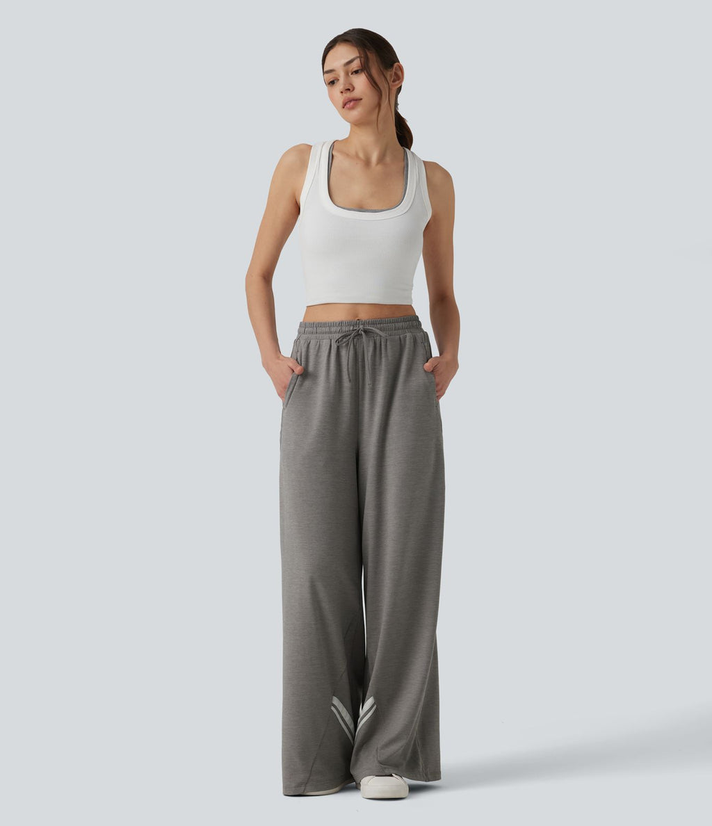 Pantalon large décontracté color block taille haute avec cordon de serrage et poches