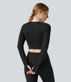 Crop top OneForm Seamless Flow, manches longues, col rond, effet sparkle avec passe-pouces