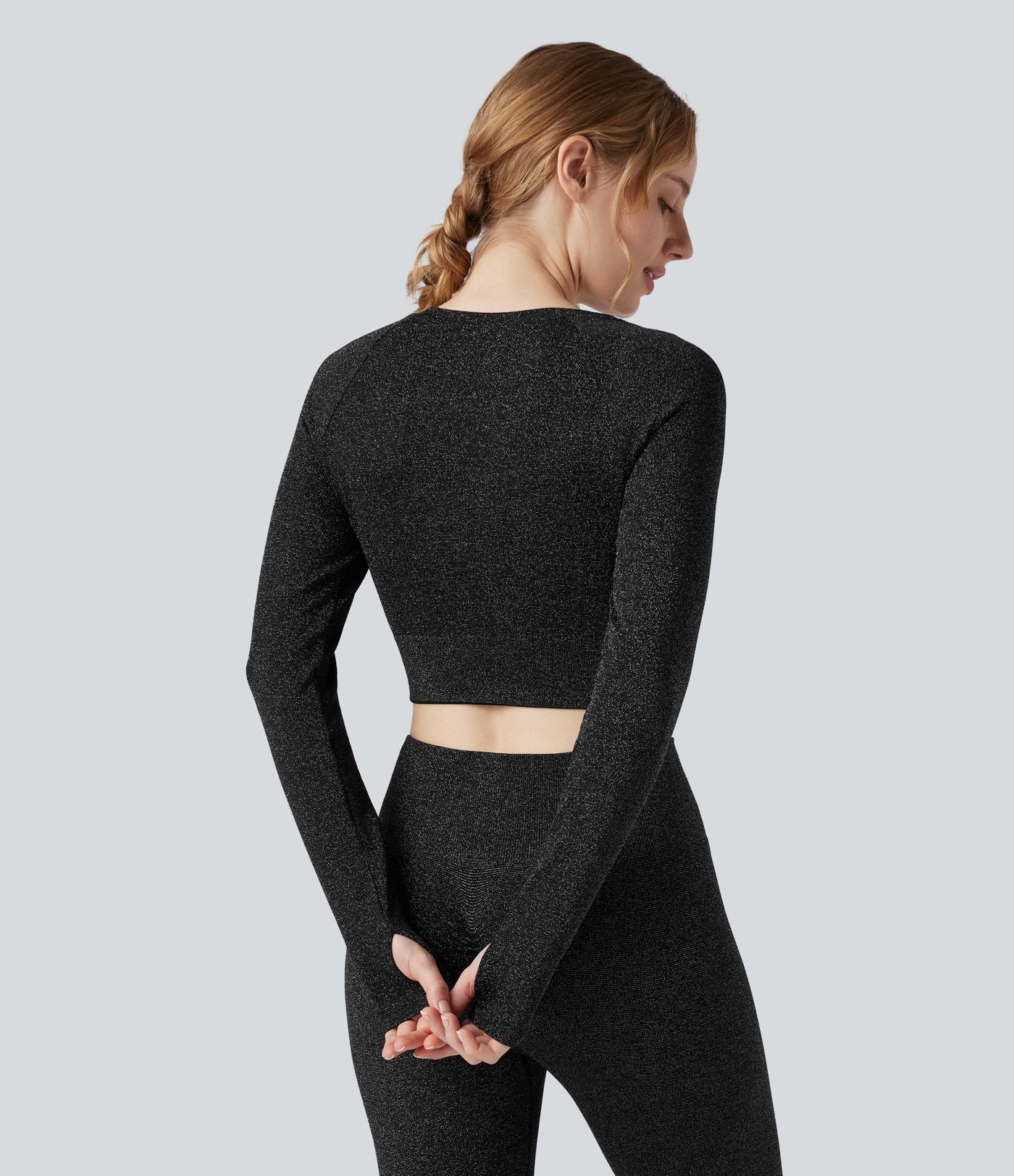 Crop top OneForm Seamless Flow, manches longues, col rond, effet sparkle avec passe-pouces
