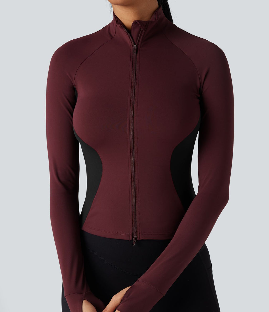 Veste yoga SoftlyZero™ Airy col montant manches longues passe-pouces color block effet frais InstantCool, protection solaire UPF50+
