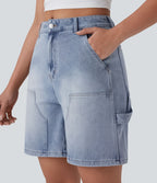 Short bermuda décontracté en denim extensible lavé Halara Flex™ taille mi-haute avec poches multiples