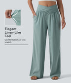 Pantalon baggy effet lin taille haute croisée avec détails froncés et poche