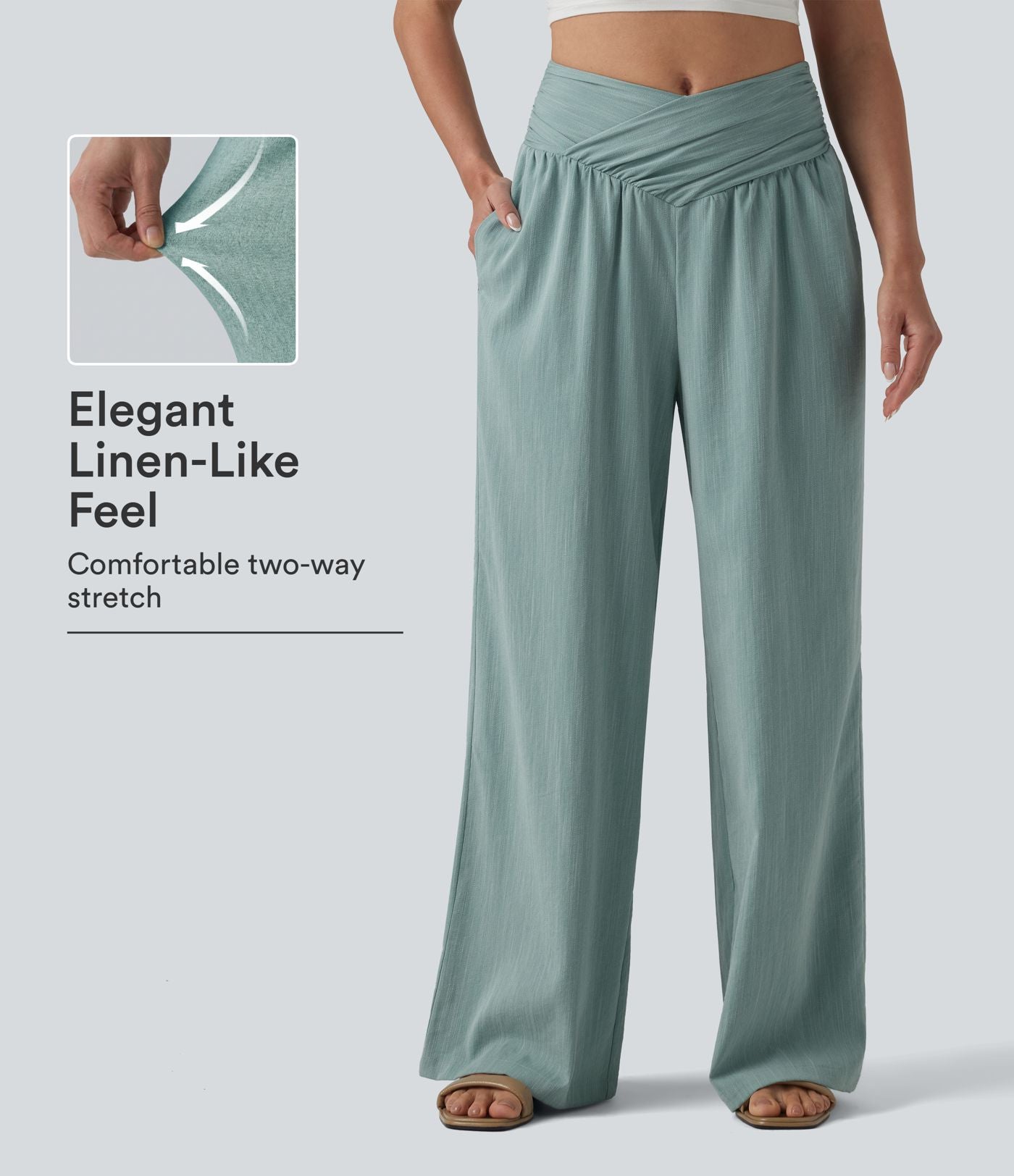 Pantalon baggy effet lin taille haute croisée avec détails froncés et poche