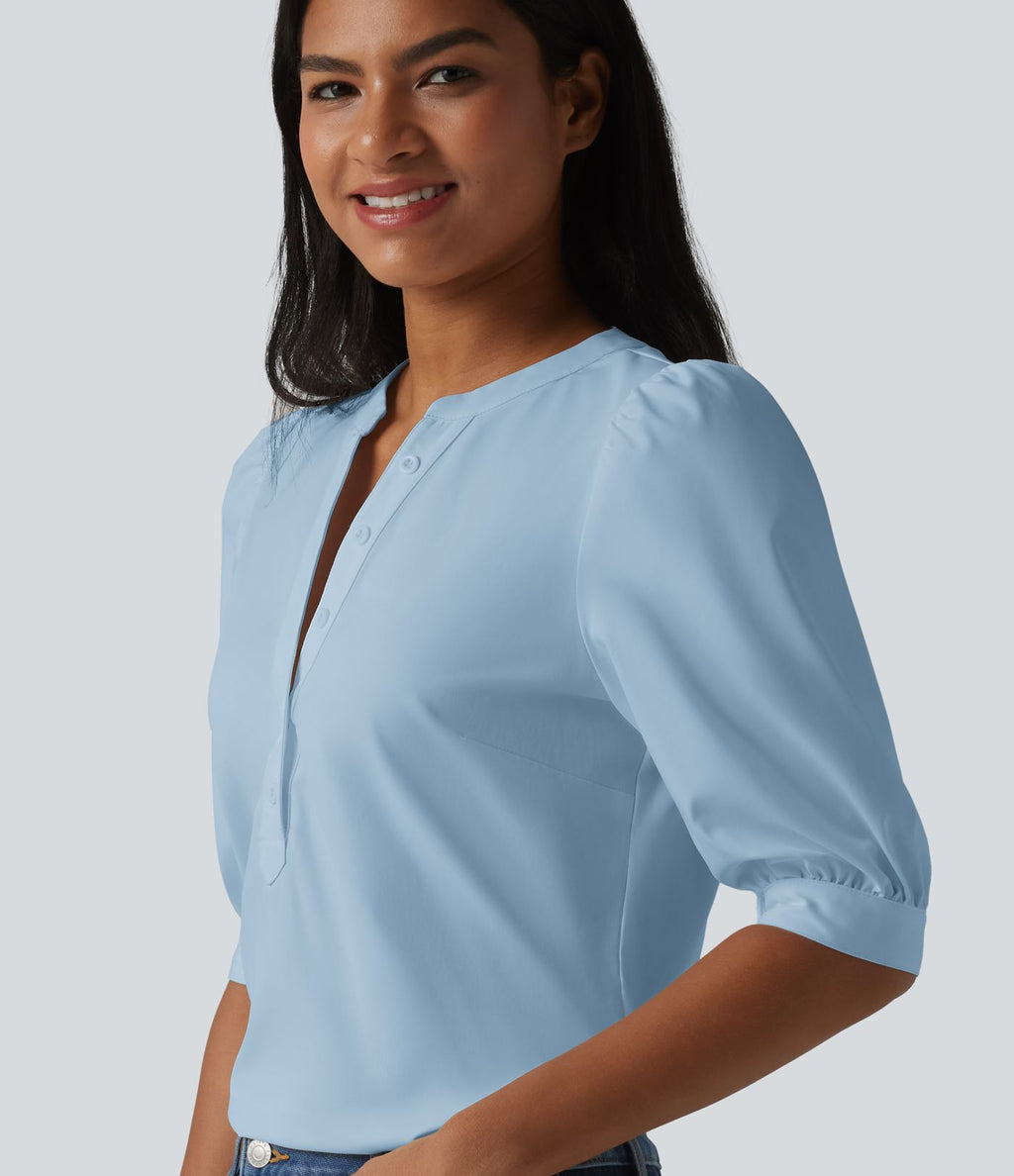 Blouse décontractée col Henley manches bouffantes mi-longues