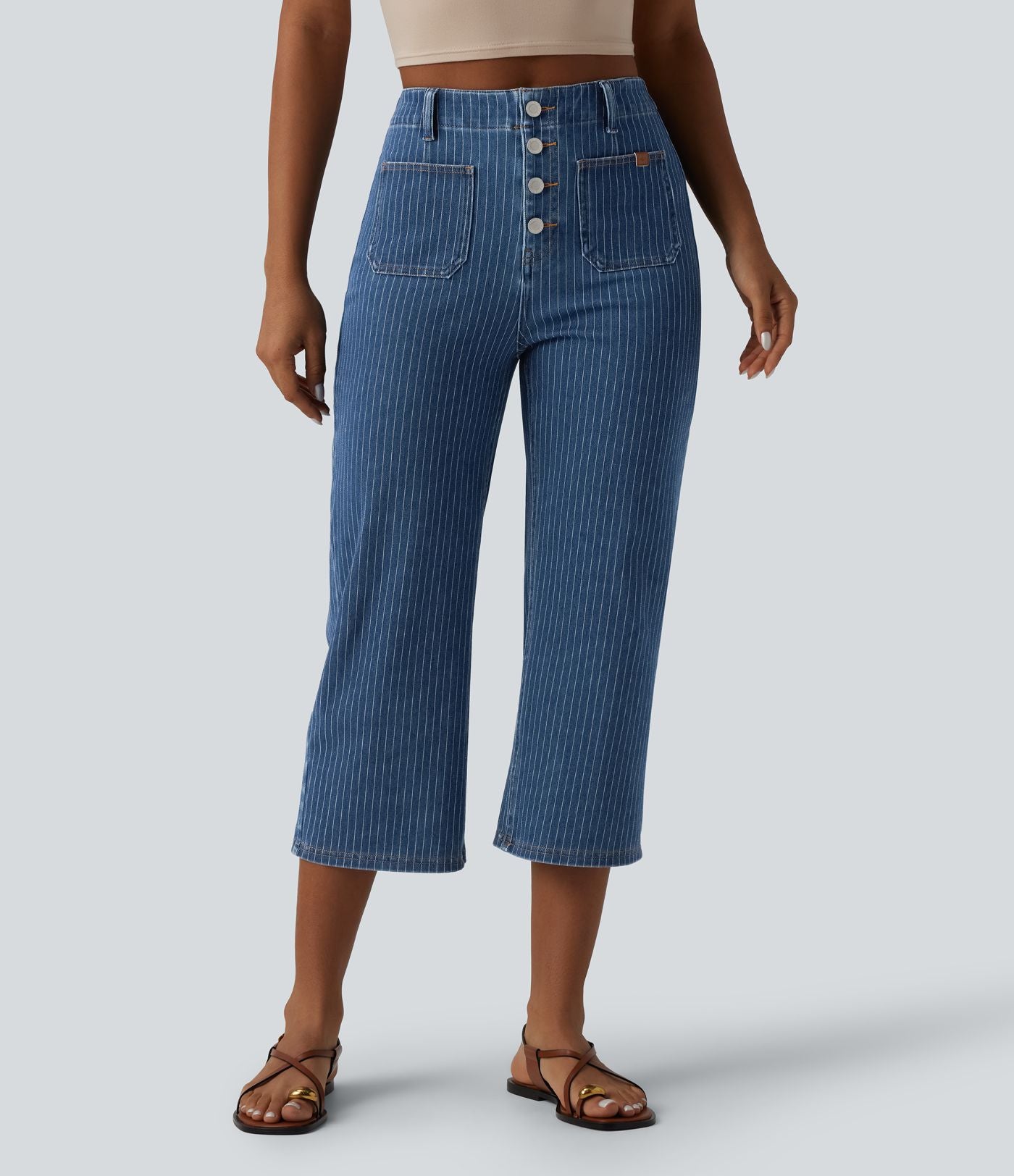 Jean droit court décontracté Halara Flex™ rayé taille haute avec poches