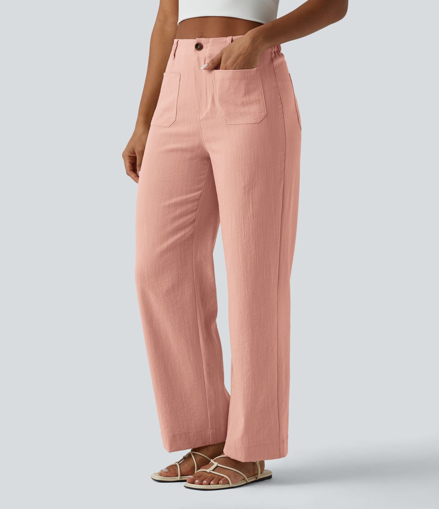 Pantalon taille haute coupe droite effet lin avec poches