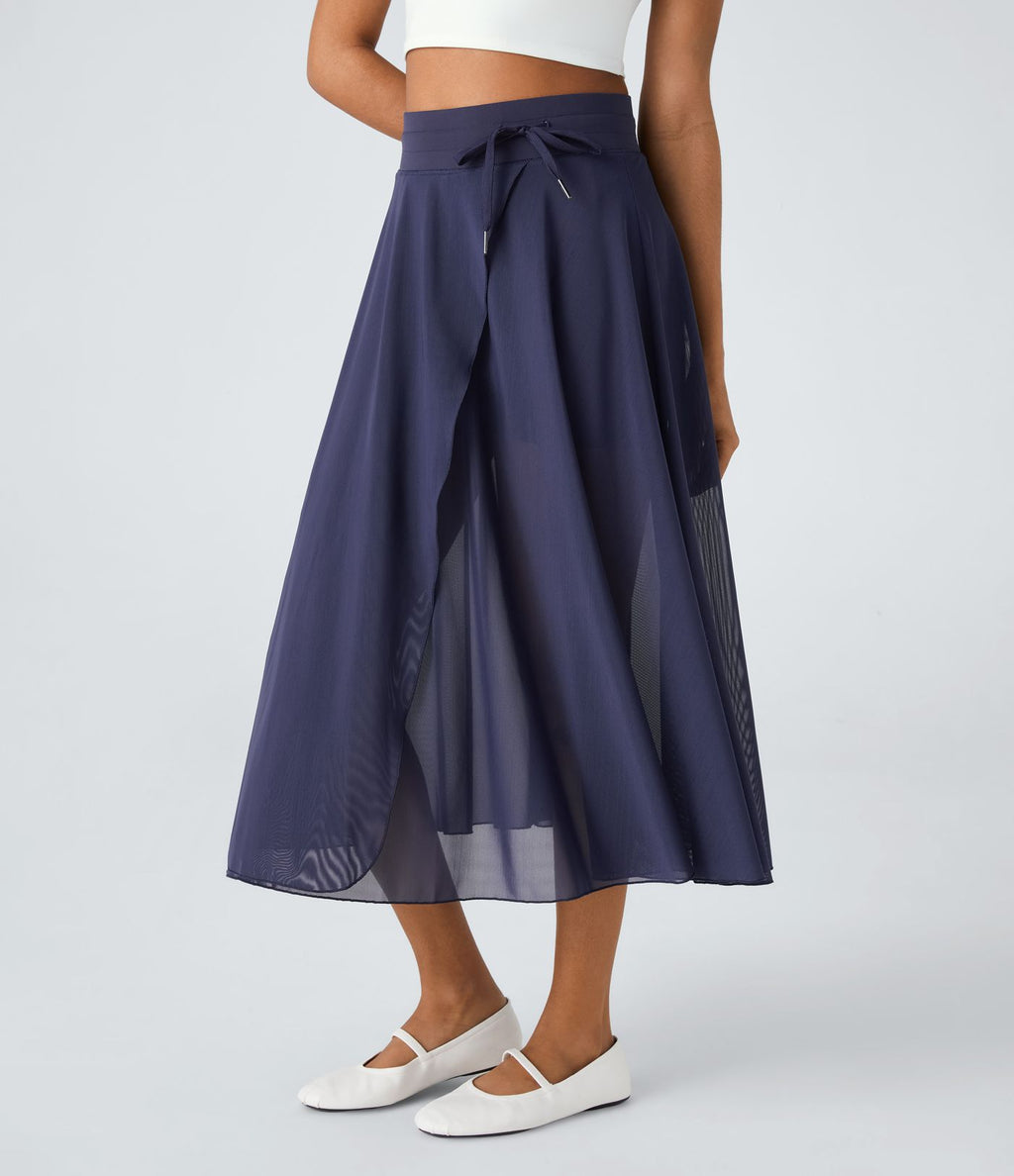 Jupe Casual Évasée Mesh Mi-Longue Fuide 2 en 1 Contrastée Taille Haute Cordon Poche Latérale