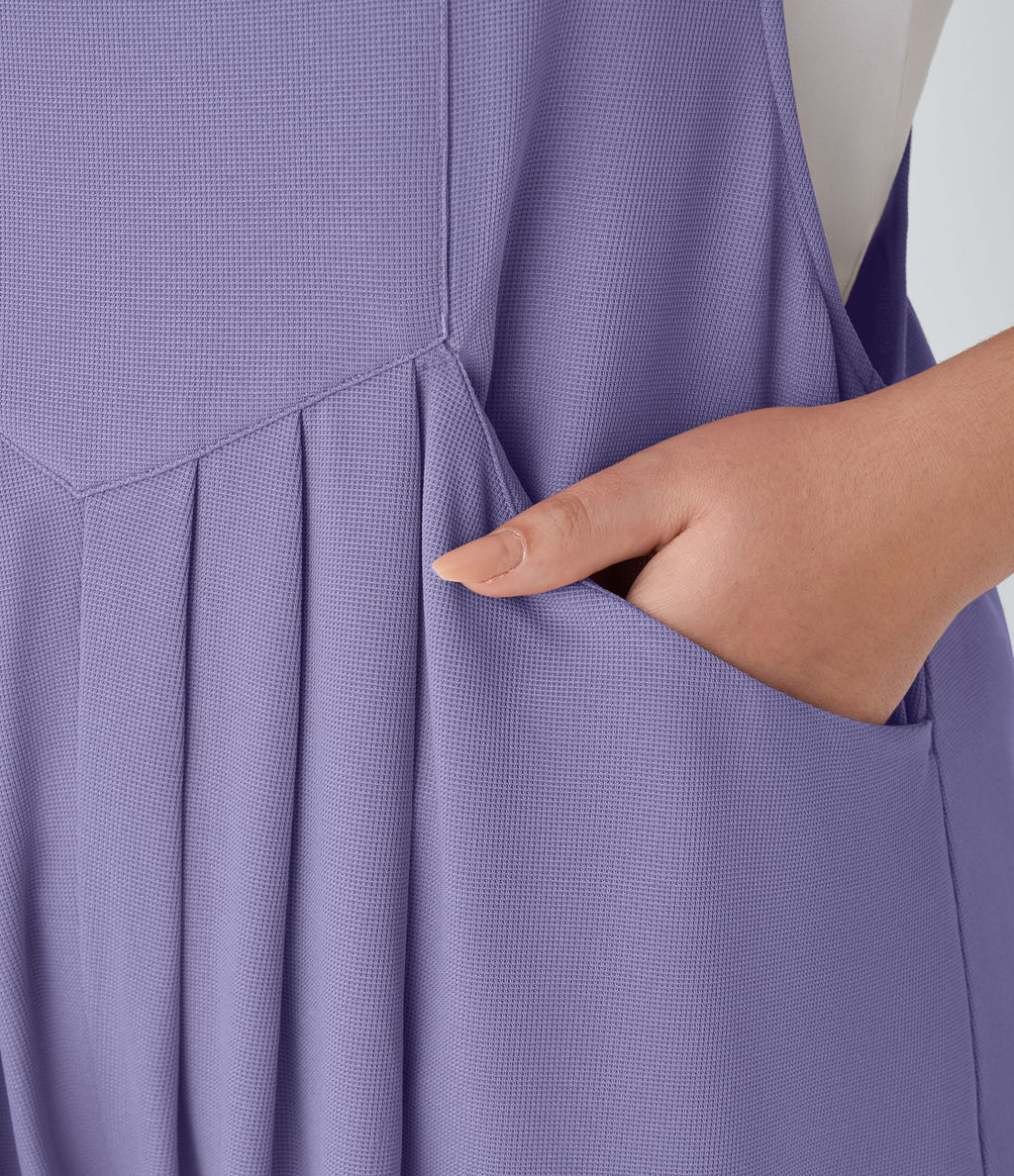 Salopette Casual Grande Taille en Gaufré avec Bretelles Ajustables Boutons et Poches Multiples