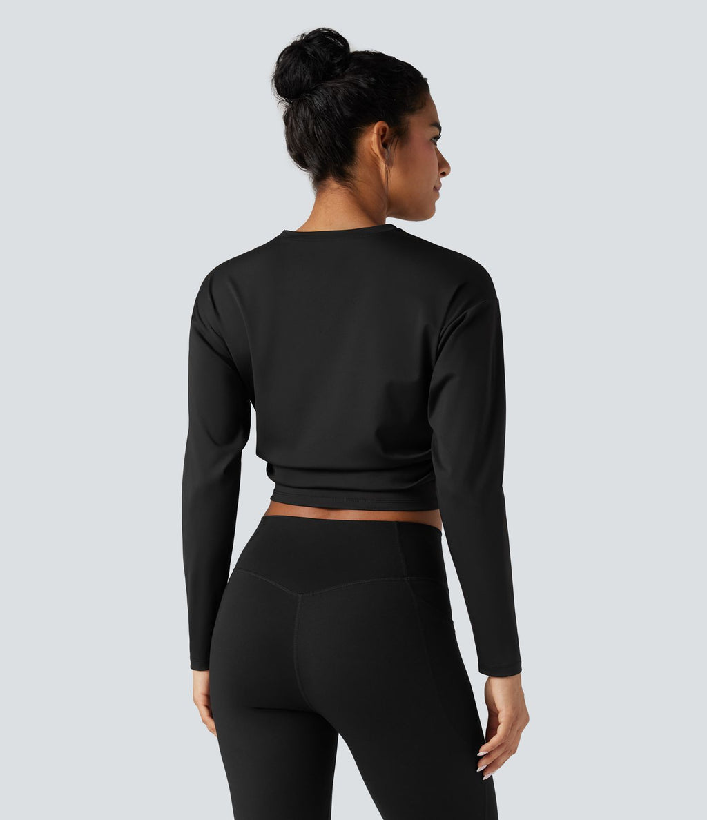 Top de sport yoga court froncé col rond manches longues