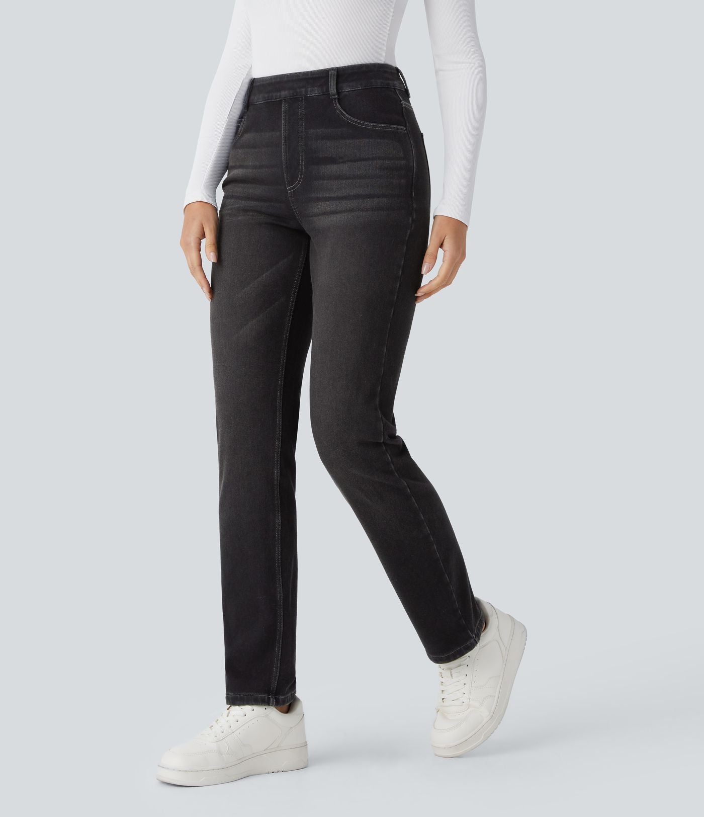 Jean délavé coupe droite taille haute Halara Flex™ Denim Heat avec poches