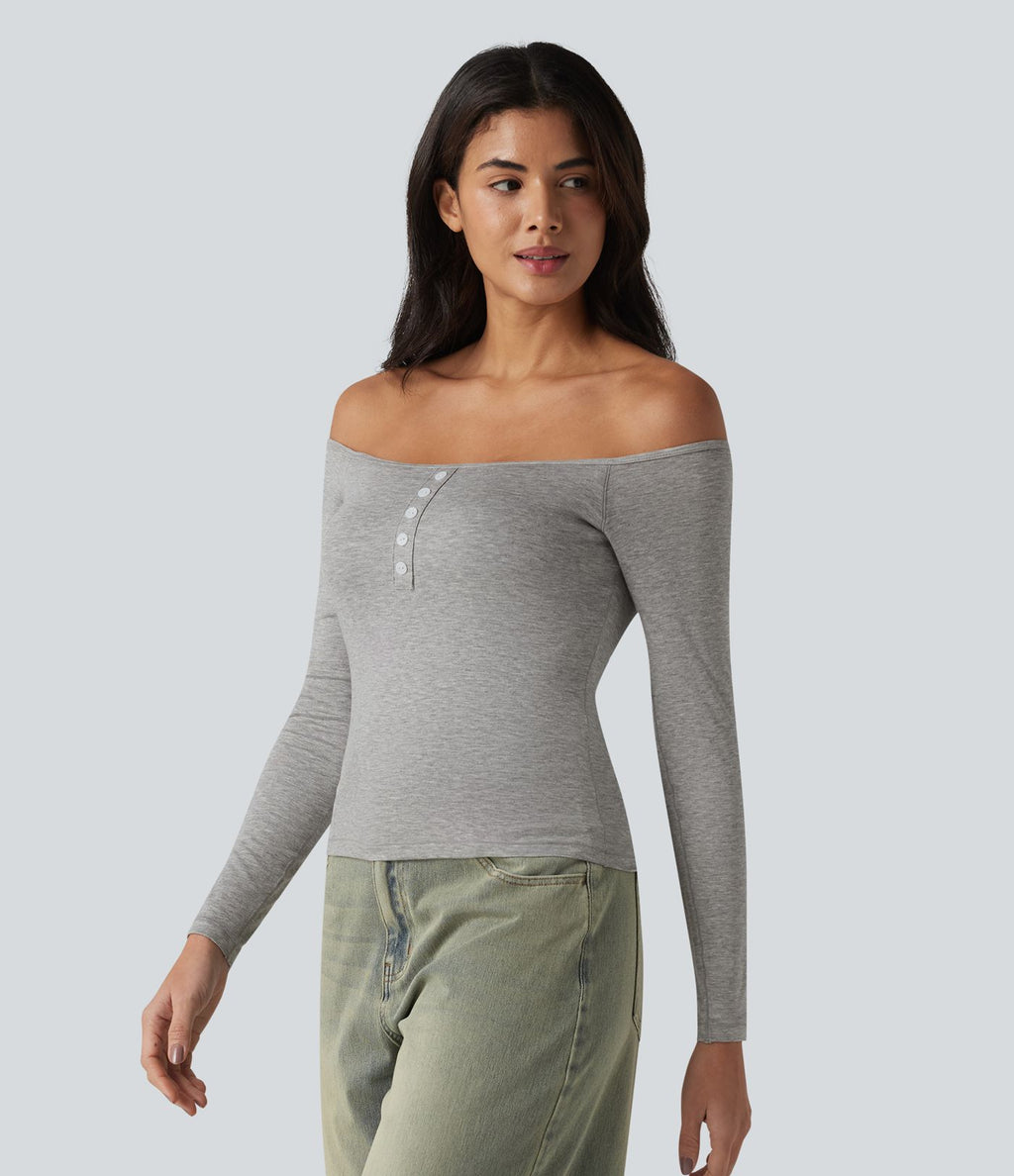 T-shirt casual ultra-ajusté côtelé épaules dénudées à manches longues avec soutien-gorge intégré