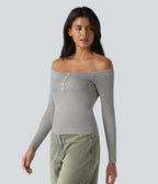 T-shirt casual ultra-ajusté côtelé épaules dénudées à manches longues avec soutien-gorge intégré