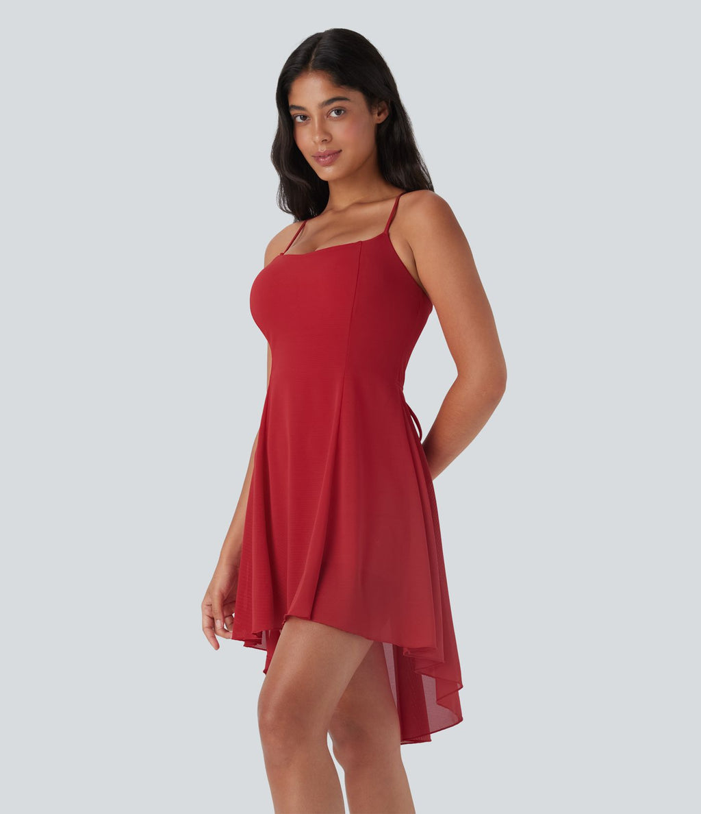 Robe de sport danse mini 2-en-1 laçage asymétrique résille contrastante fluide avec poche E-G