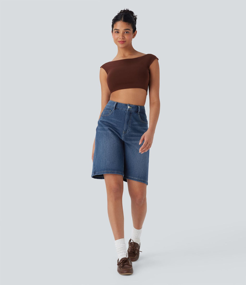 Bermuda en jean délavé Halara Flex™ taille haute à poches multiples