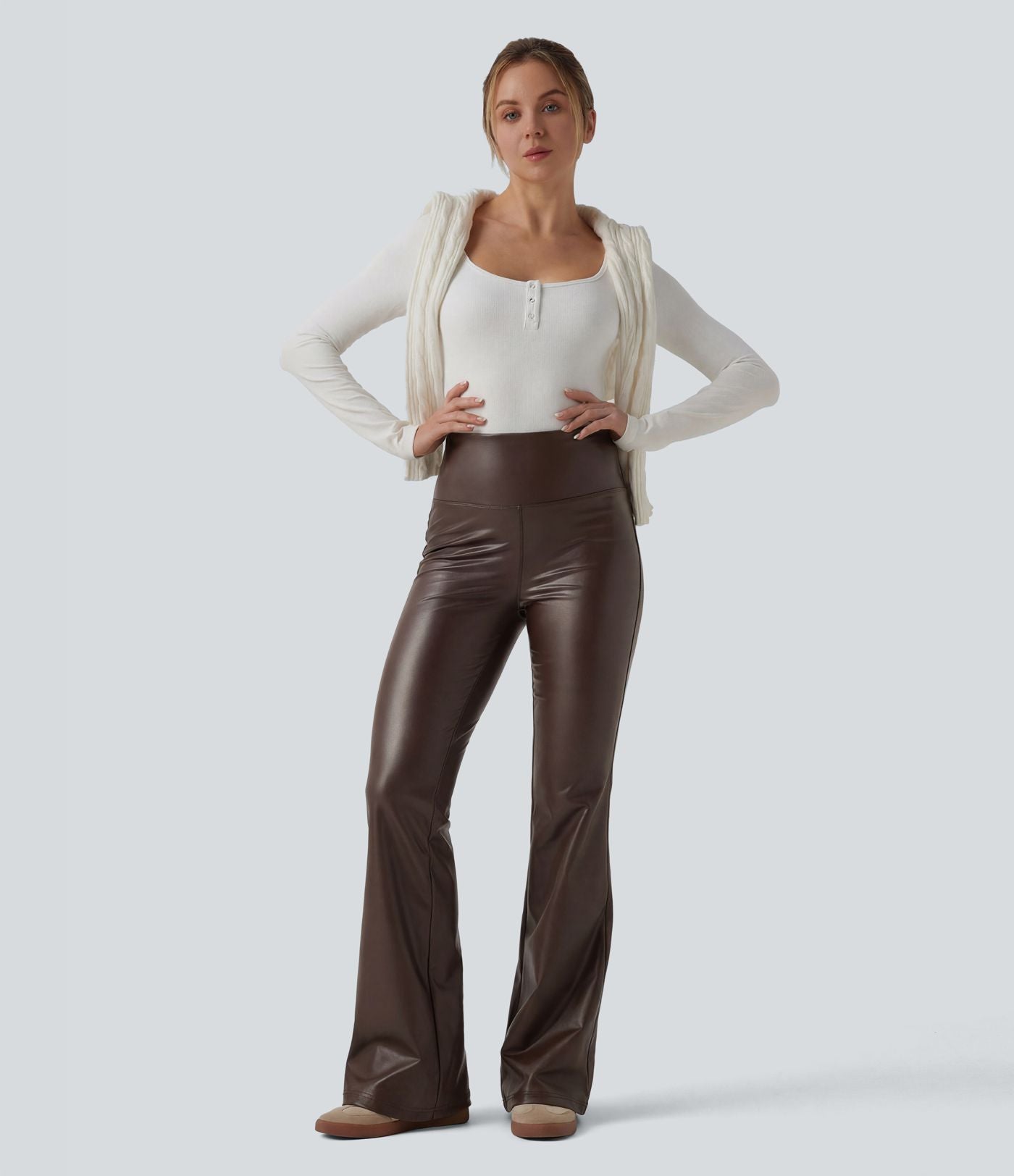 Pantalon évasé décontracté gainant taille haute extensible en molleton PU avec poches