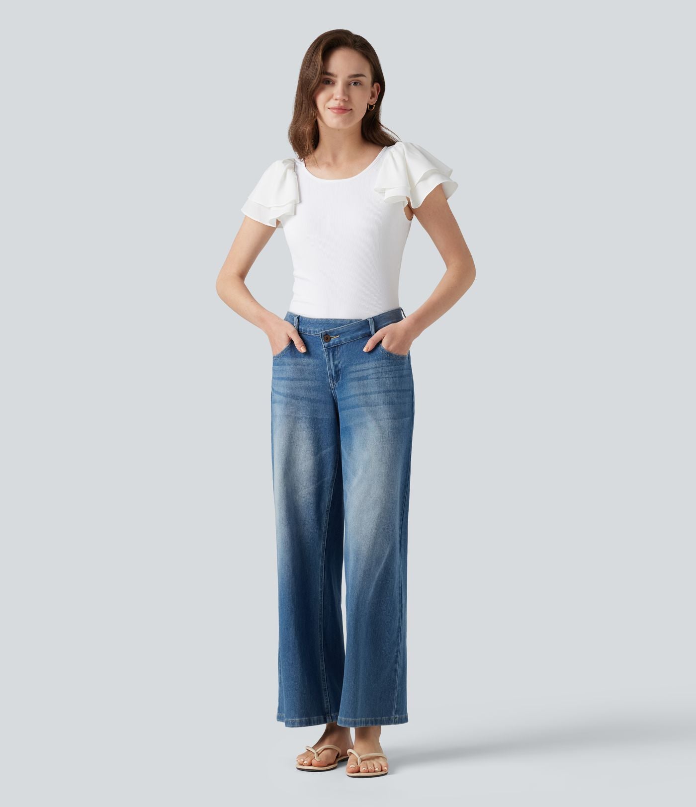 Blouse décontractée col rond à manches à volants étagées