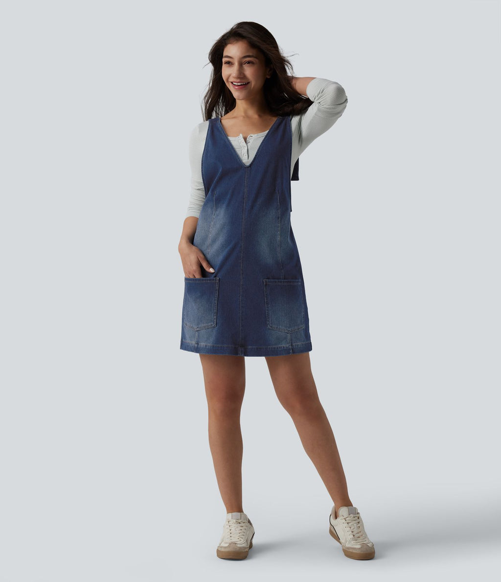 Robe mini décontractée Halara Flex™ col V en denim délavé avec poches