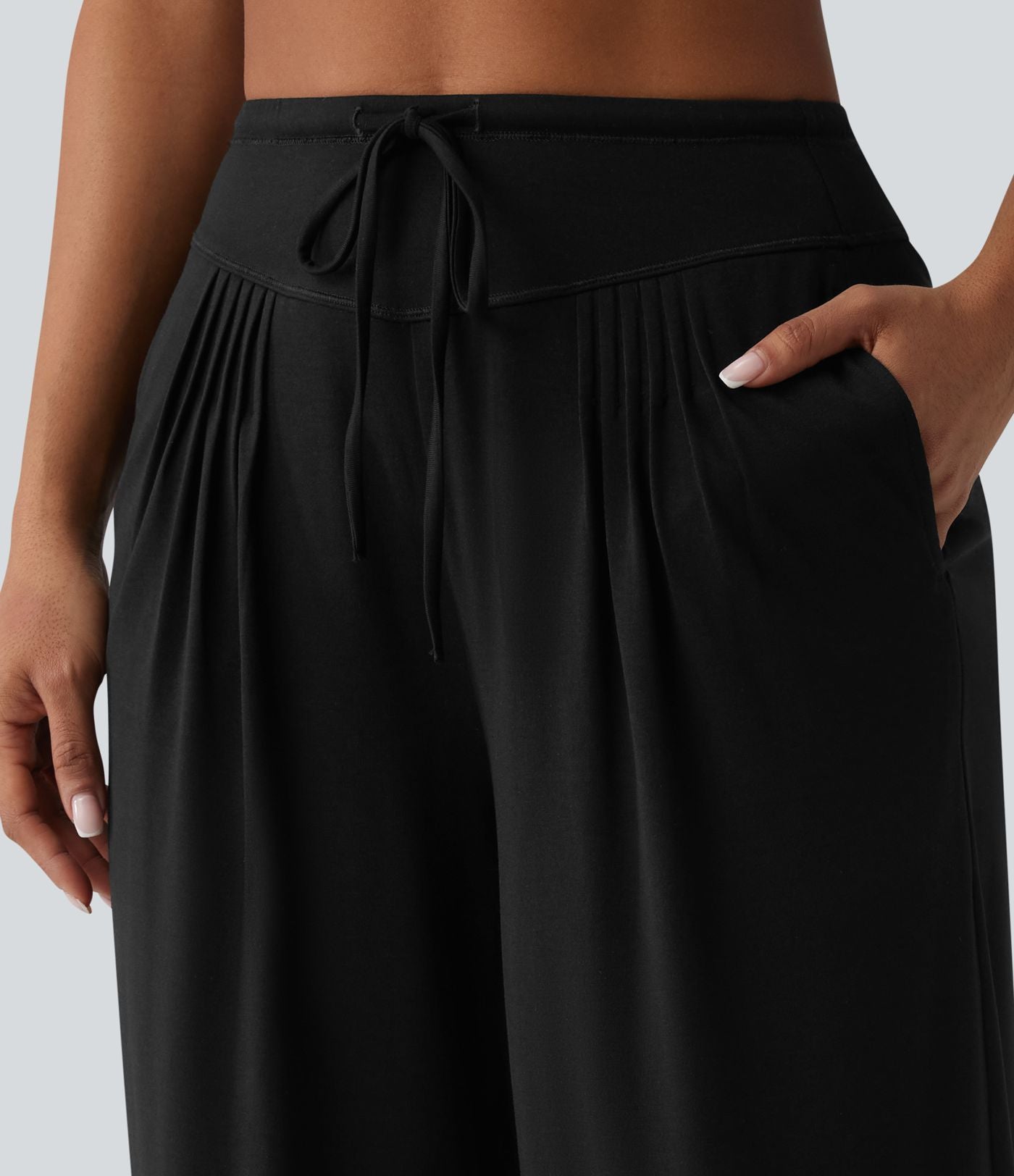 Pantalon casual ample chiné à plis taille haute avec cordon de serrage et poches