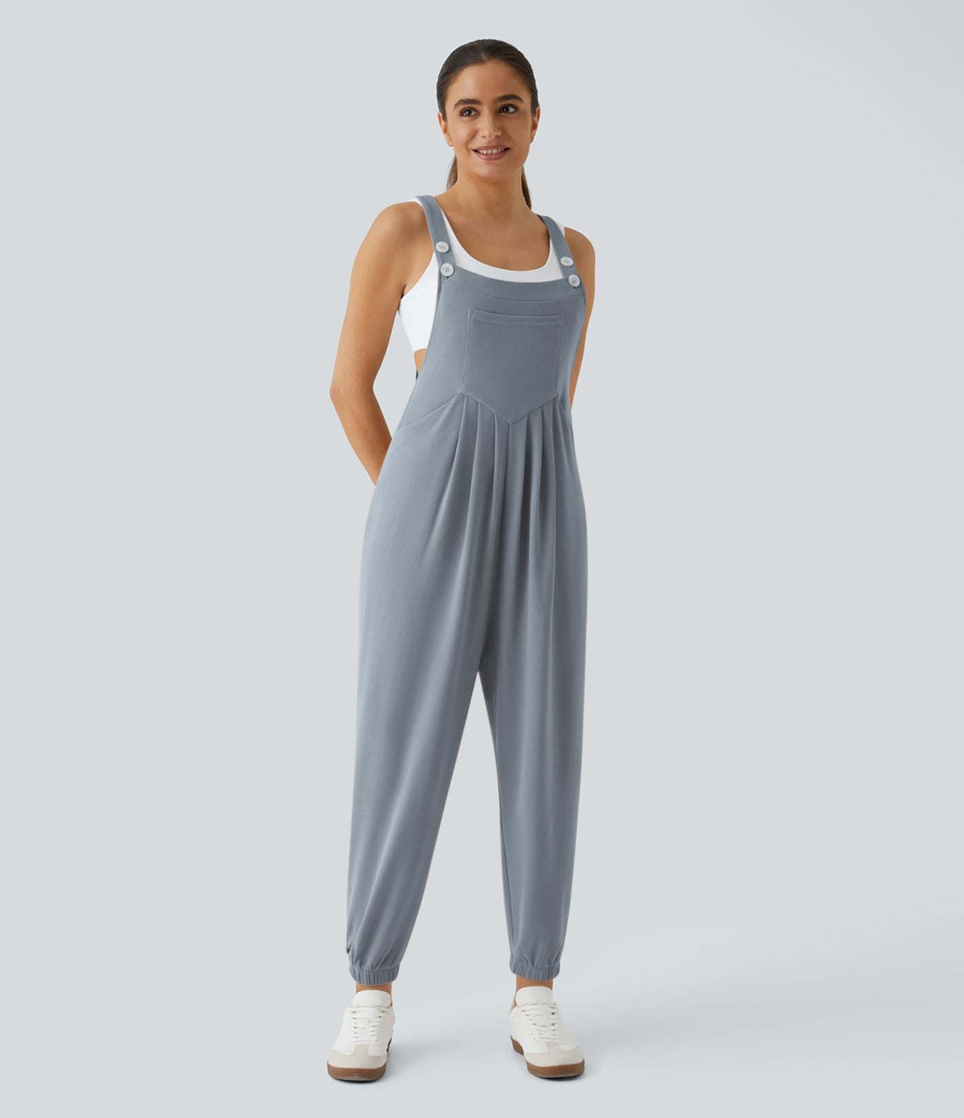 Salopette Casual Bretelles Ajustables Boutonnés Multiples Poches Plis et Tissu Gaufré