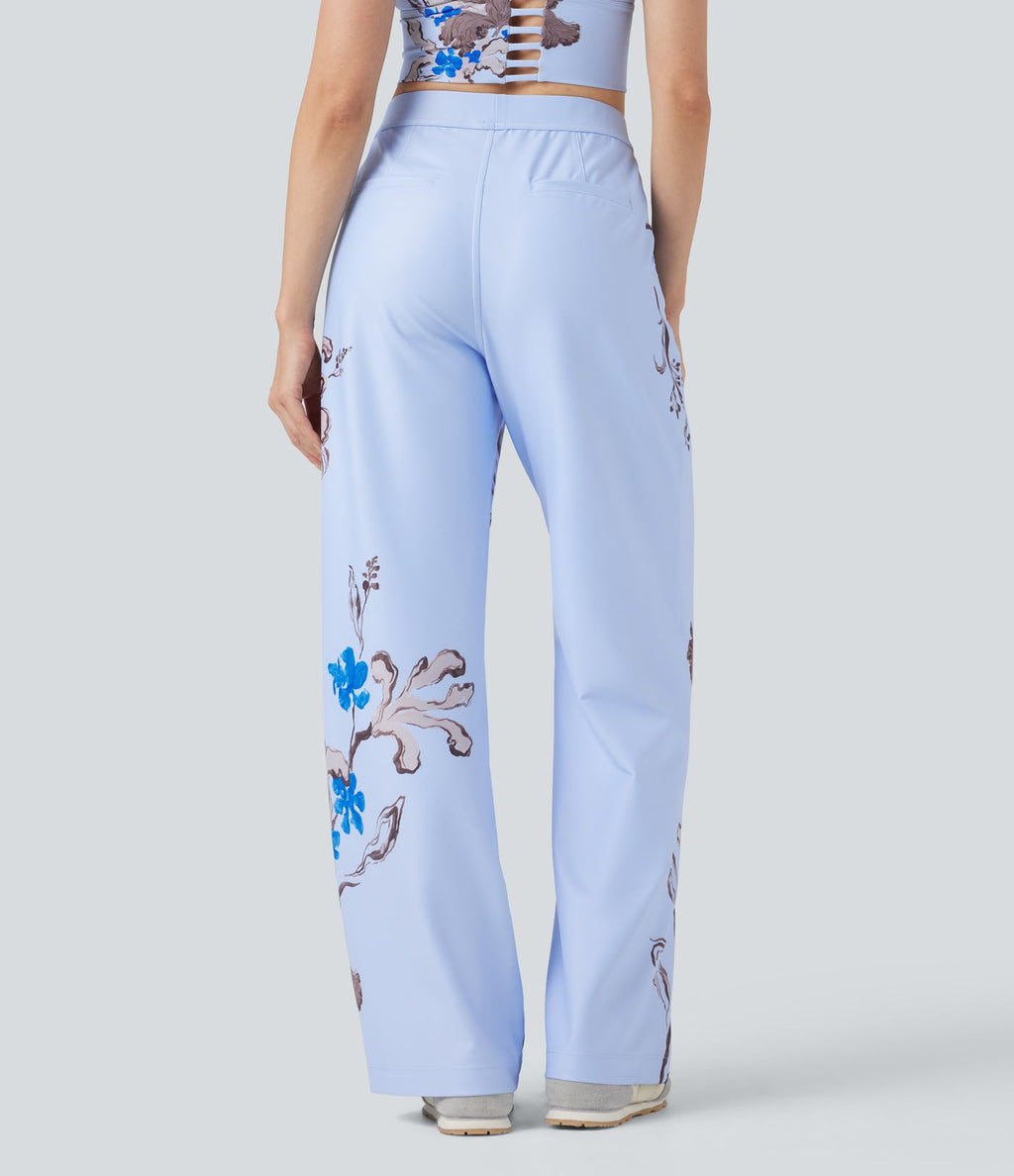 Pantalon décontracté droit à imprimé floral, taille haute, Halara X Yukiko, avec poches