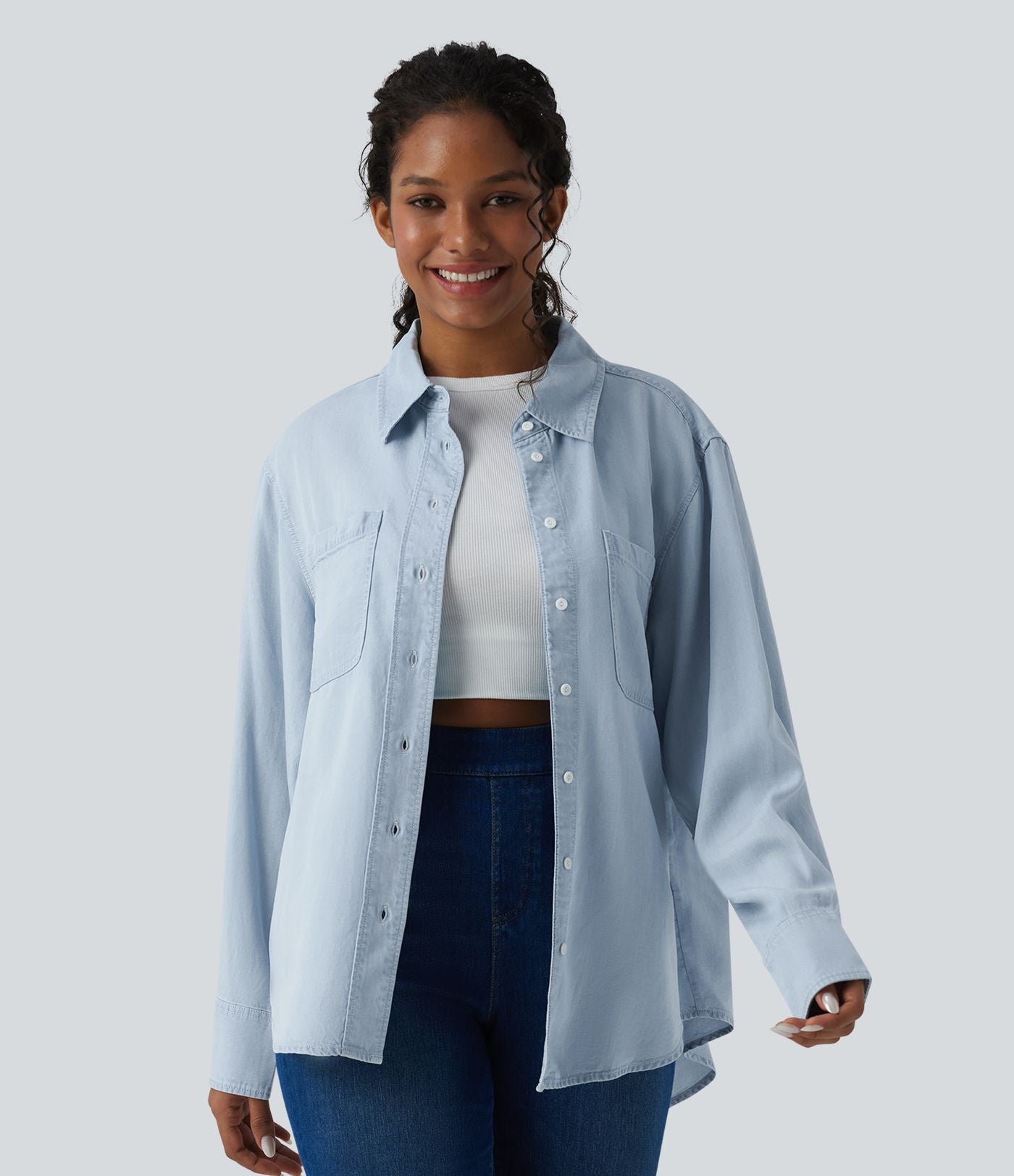 Chemise casual denim en lyocell manches longues avec poches