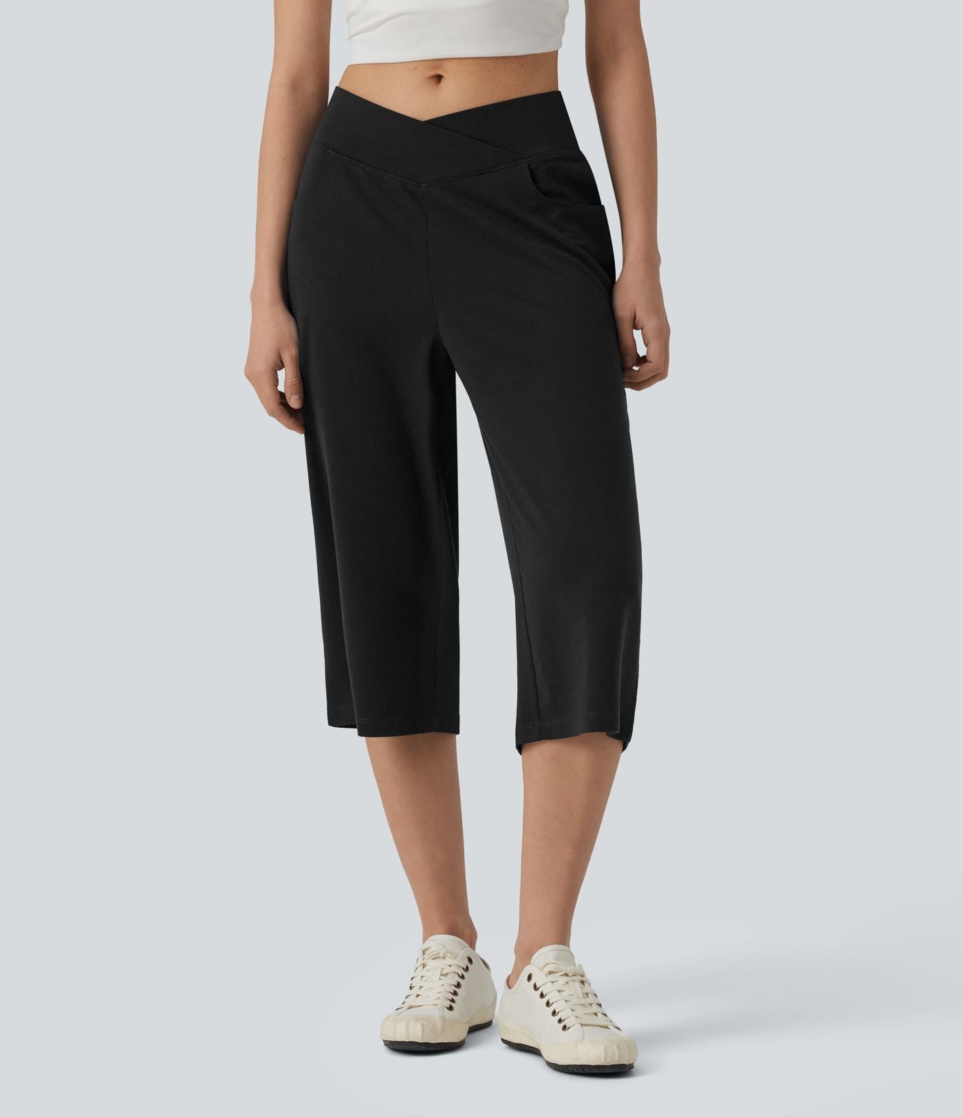 Pantalon casual capri large croisé taille mi-haute avec poches
