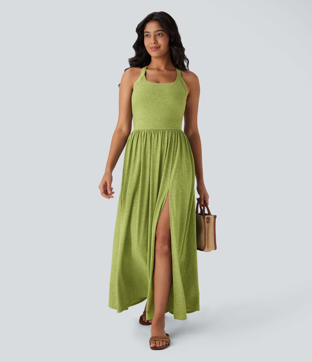 Robe longue fluide fendue avec poches latérales, dos nu et effet torsadé
