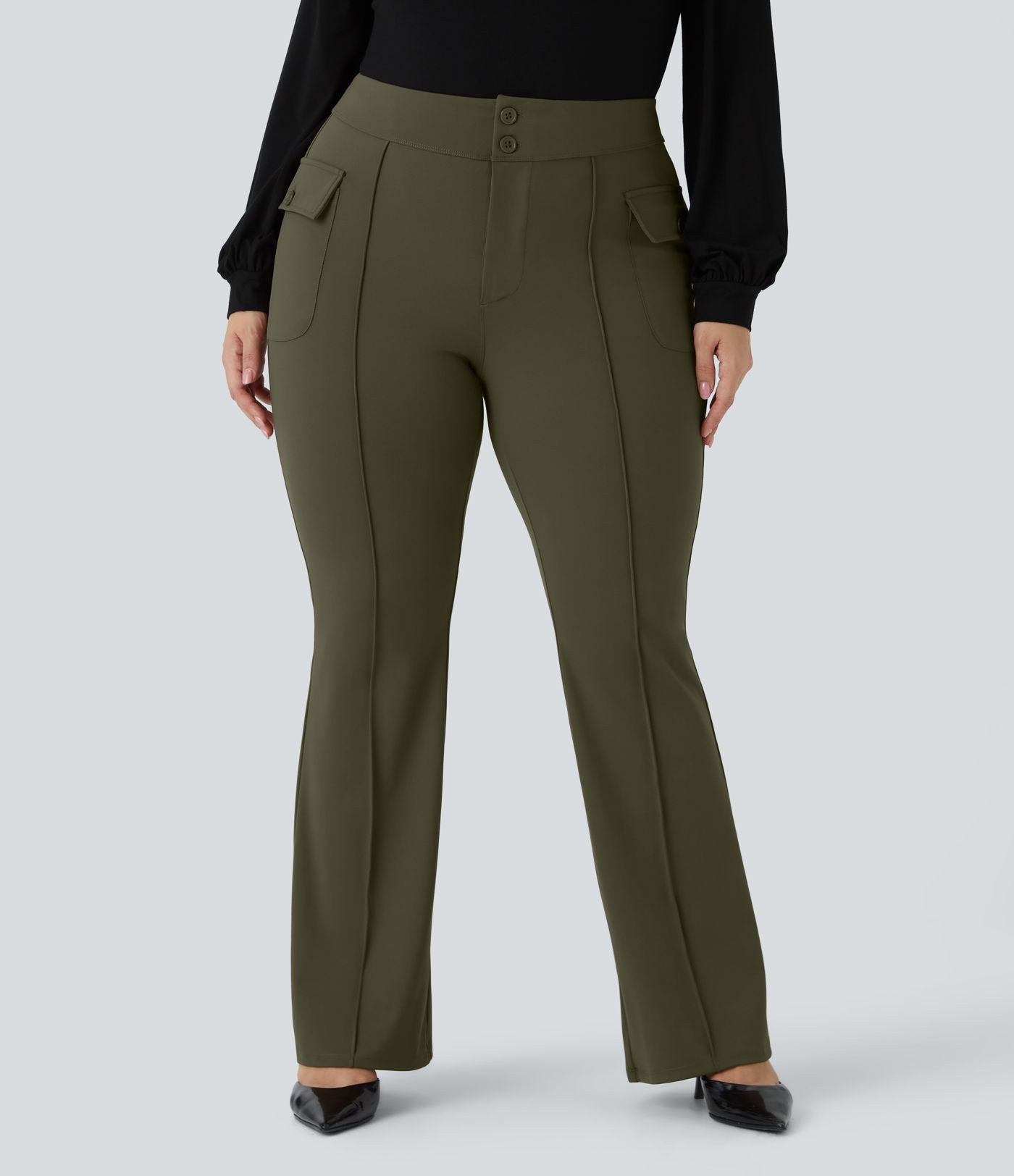 Pantalon cargo évasé taille haute grande taille avec poches à rabat latérales