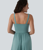 Robe midi fluide casual col carré à corset et nœud devant avec poches