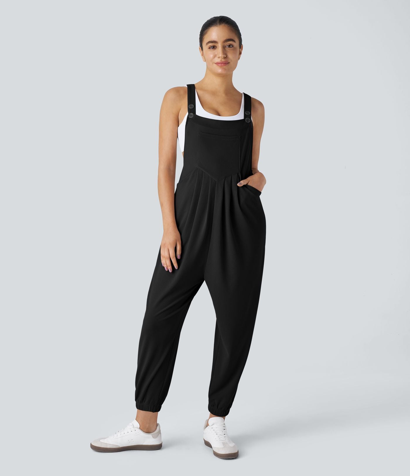 Salopette Casual Bretelles Ajustables Boutonnés Multiples Poches Plis et Tissu Gaufré