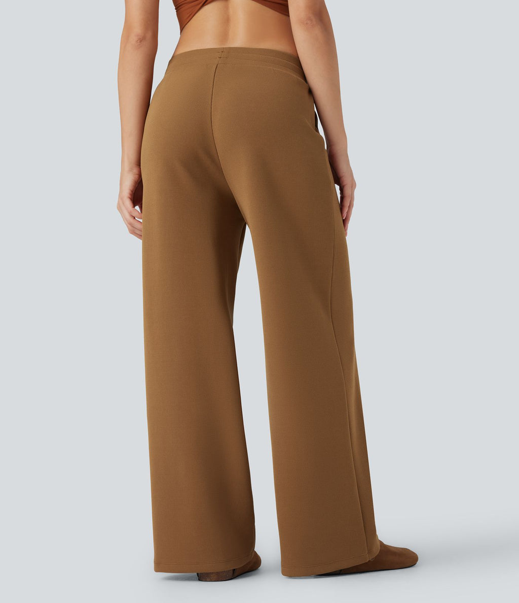 Pantalon jogging décontracté ample micro-gaufré taille mi-haute avec cordon de serrage et poches