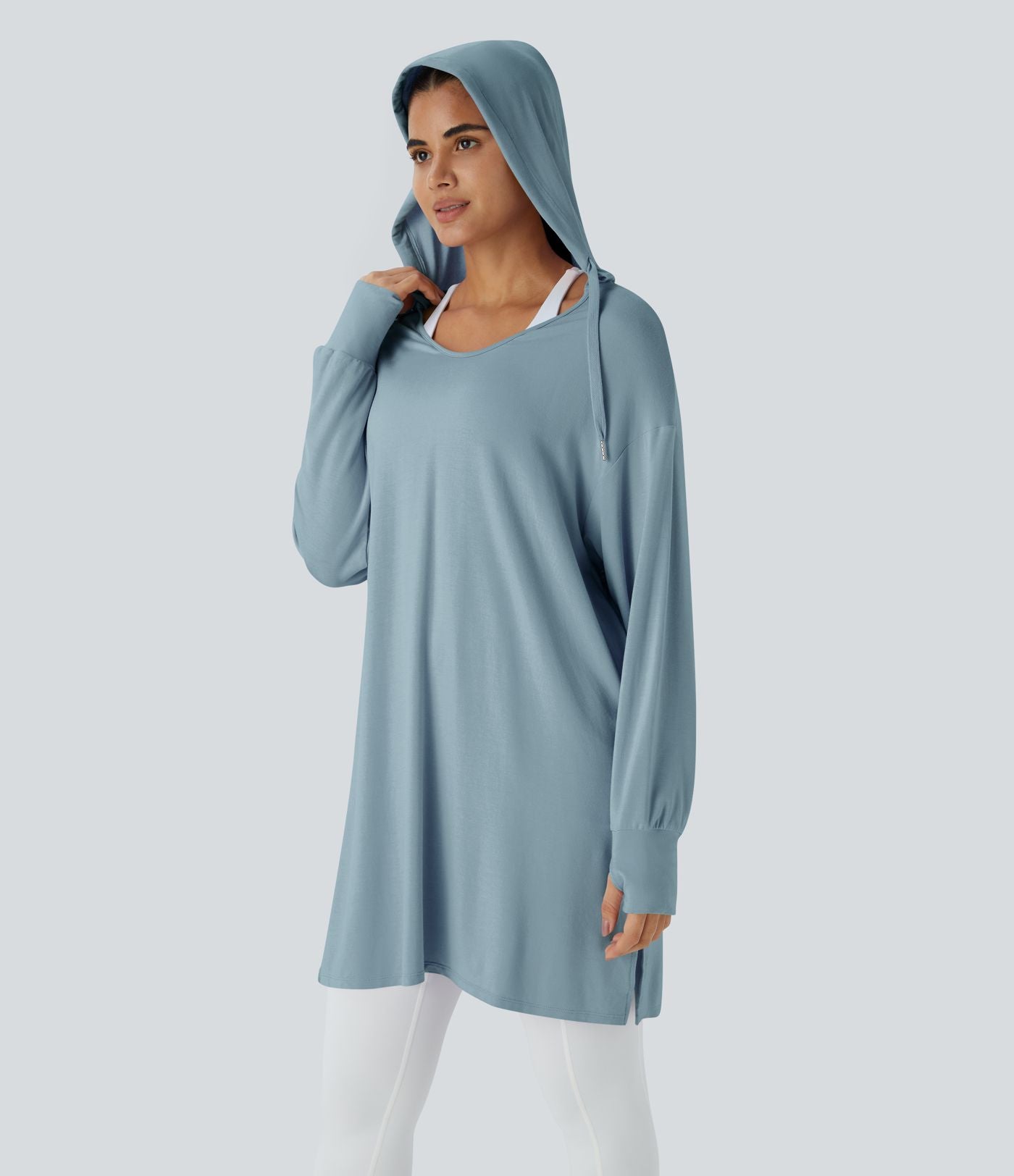 Sweatshirt Casual à Capuche Encolure en V Cordon de Serrage Trou pour le Pouce Fente et Coupe Longue